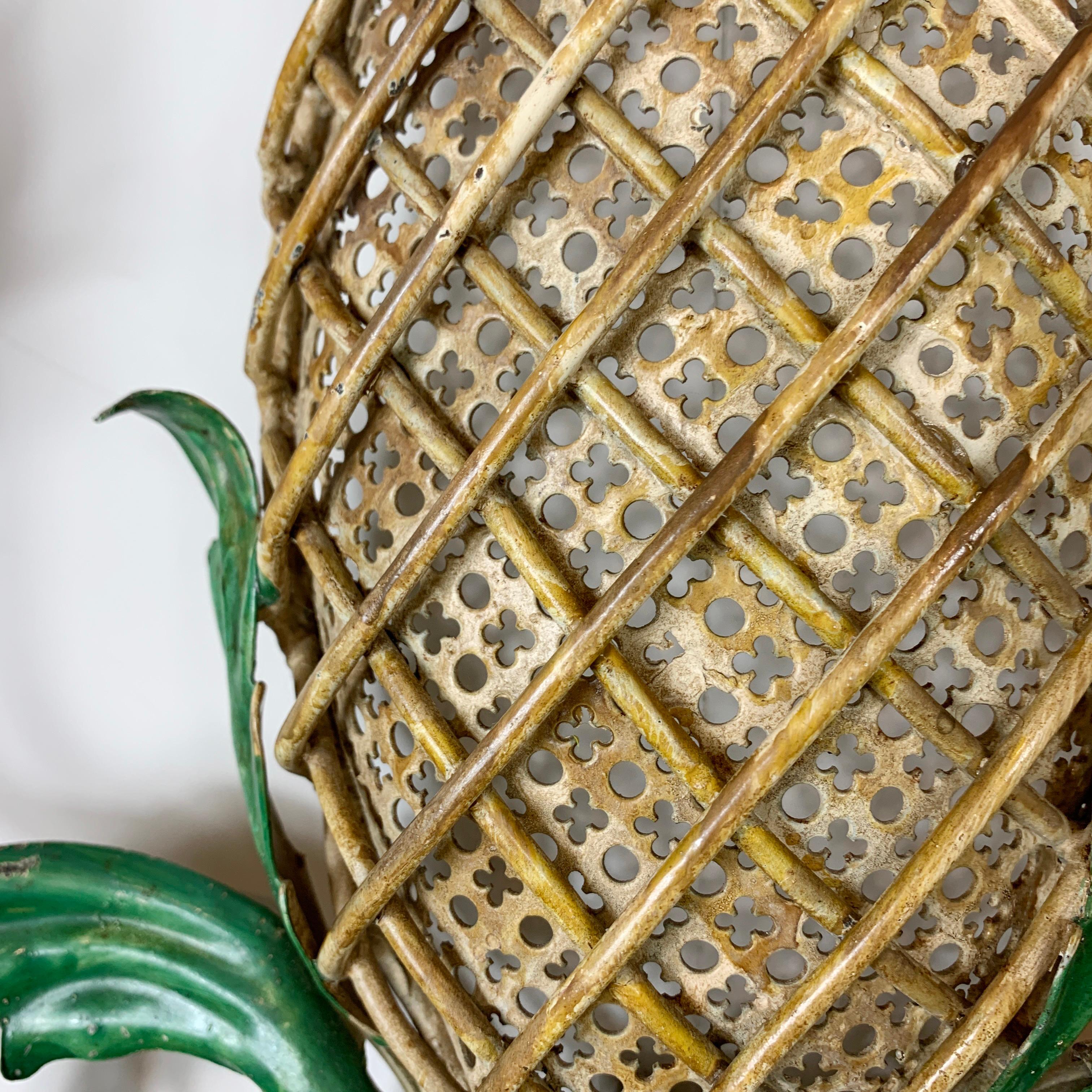 Hollywood Regency Large 1940's Green and Yellow Toleware Pineapple Wall Light For Sale