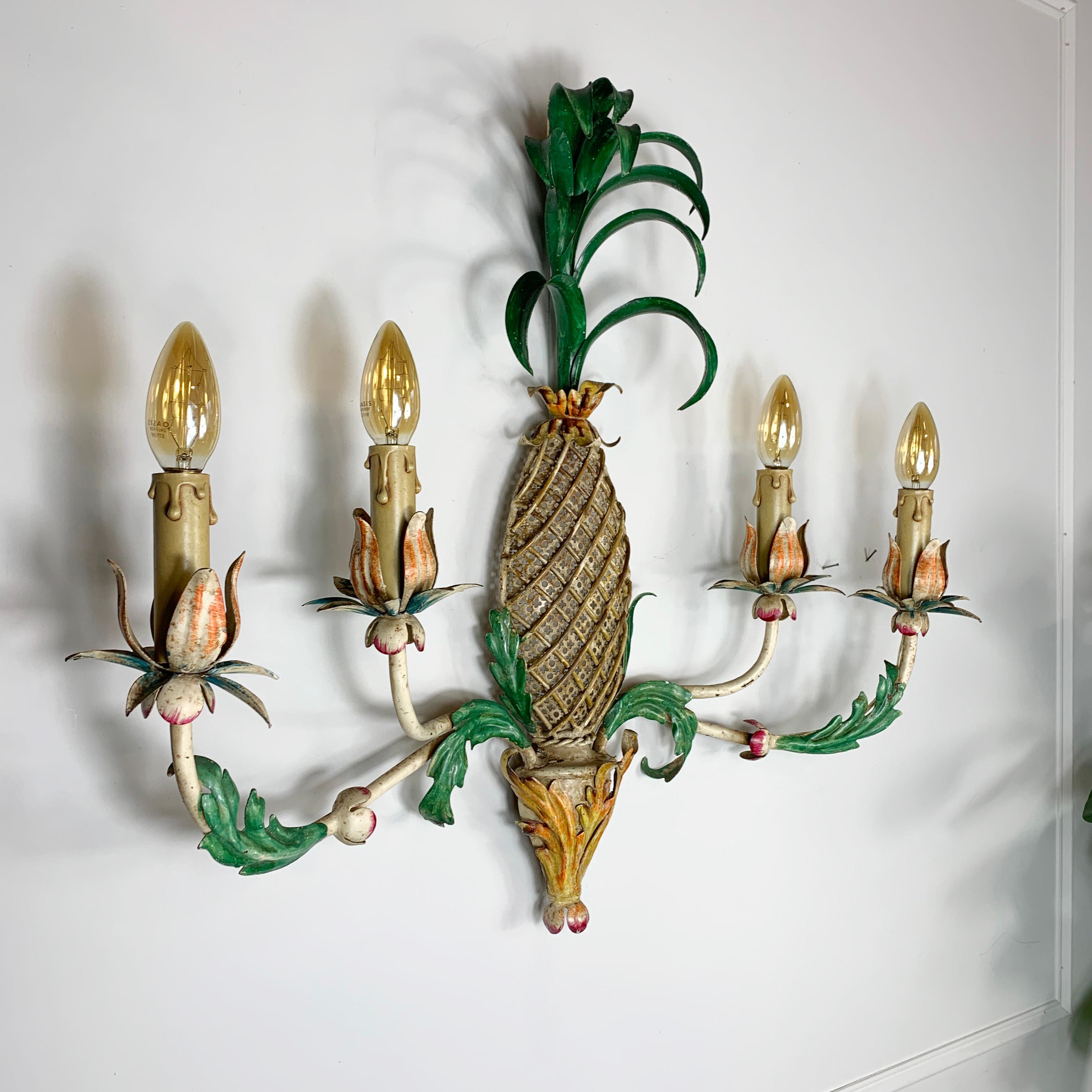 French Large 1940's Green and Yellow Toleware Pineapple Wall Light For Sale