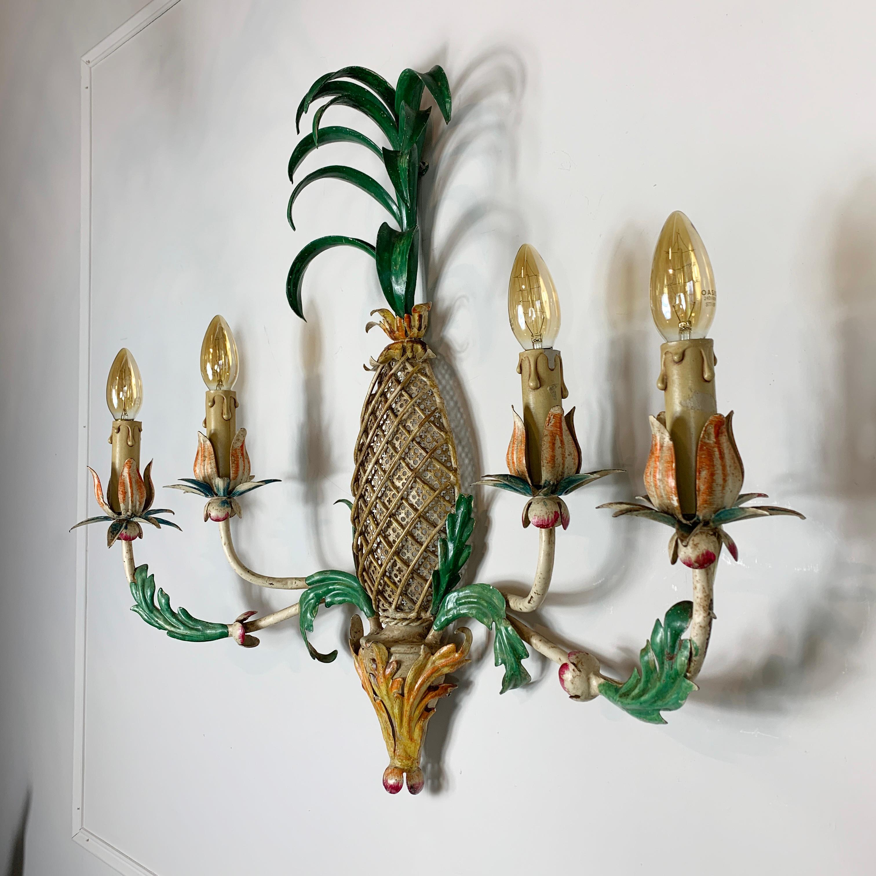 20th Century Large 1940's Green and Yellow Toleware Pineapple Wall Light For Sale