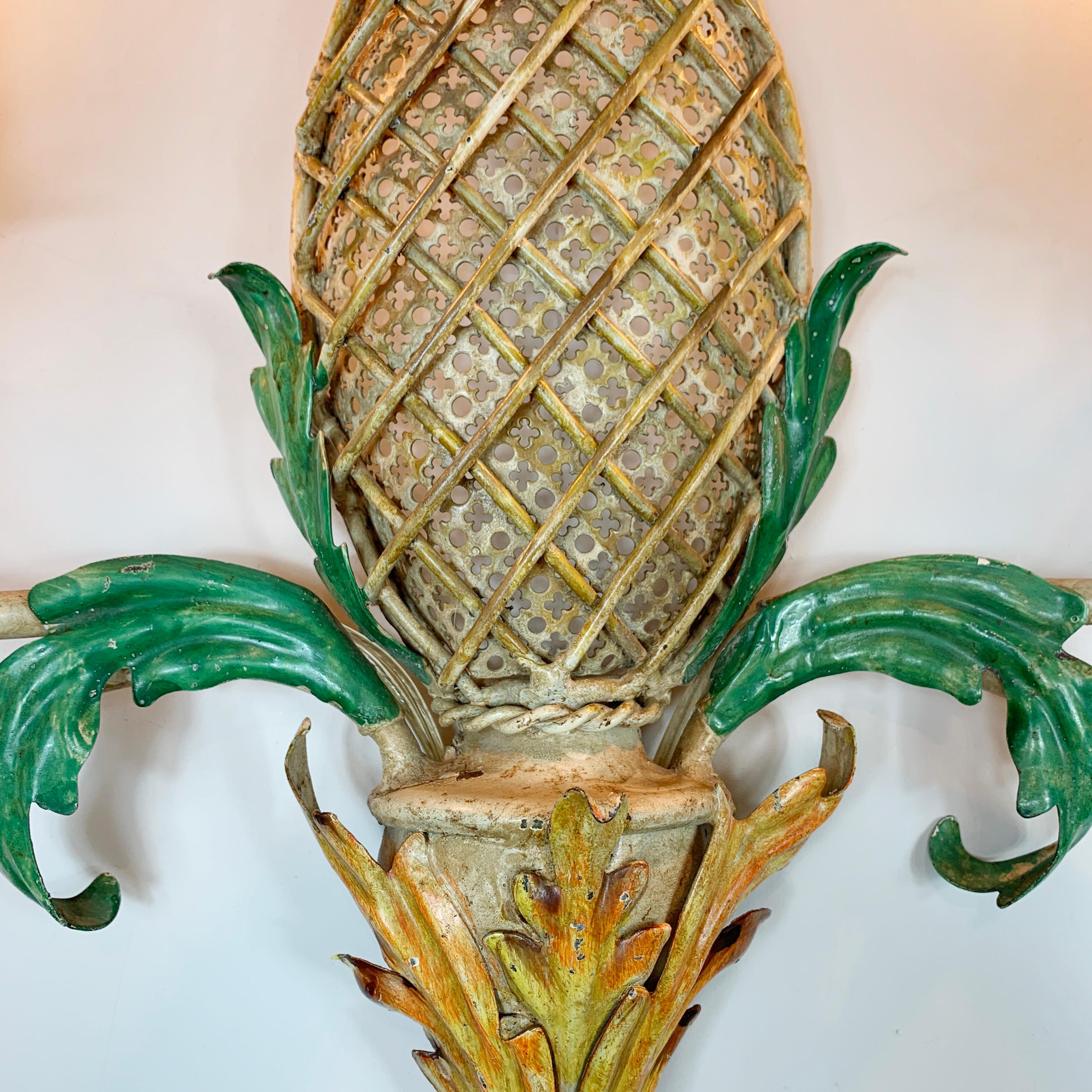 Metal Large 1940's Green and Yellow Toleware Pineapple Wall Light For Sale