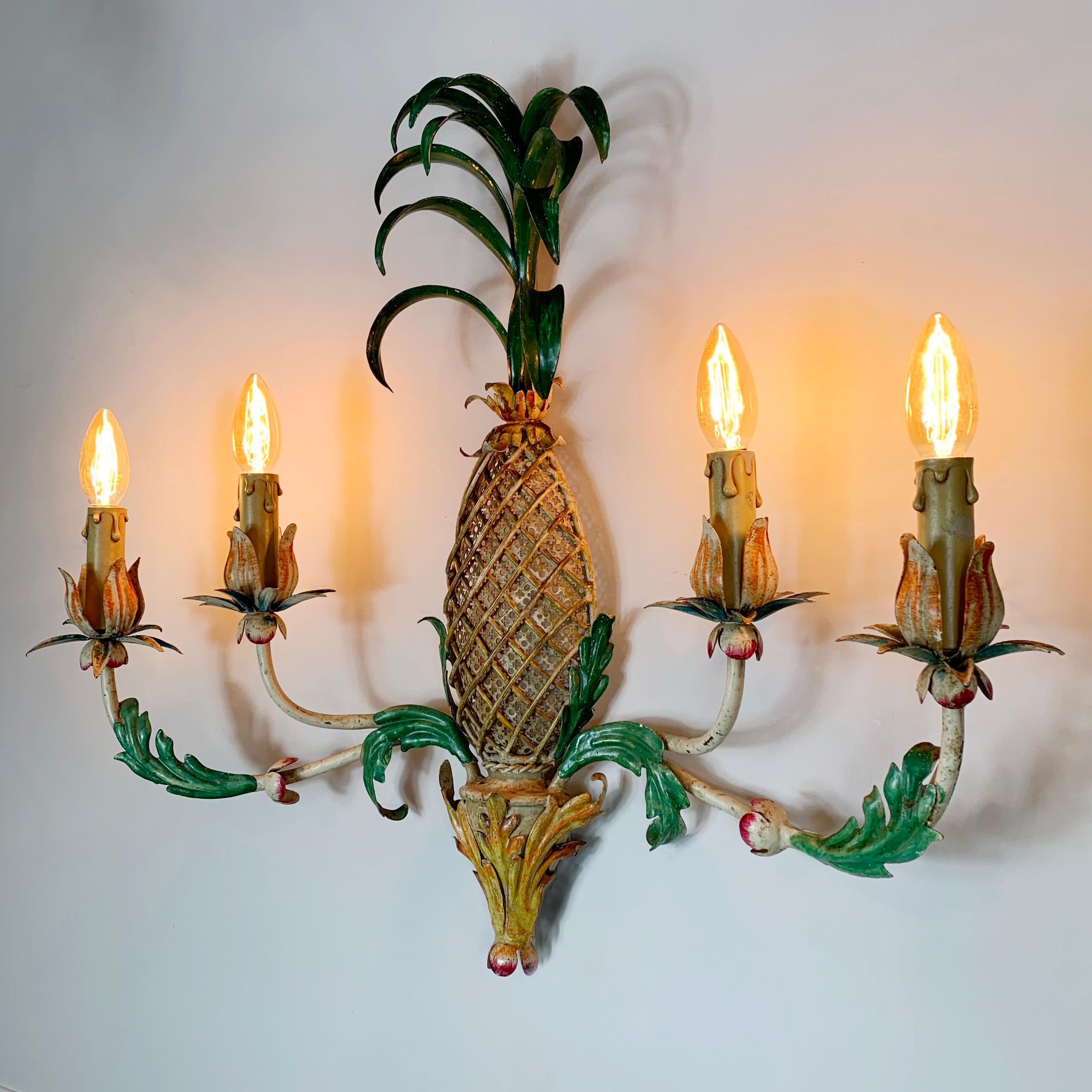 Large 1940's Green and Yellow Toleware Pineapple Wall Light For Sale 1