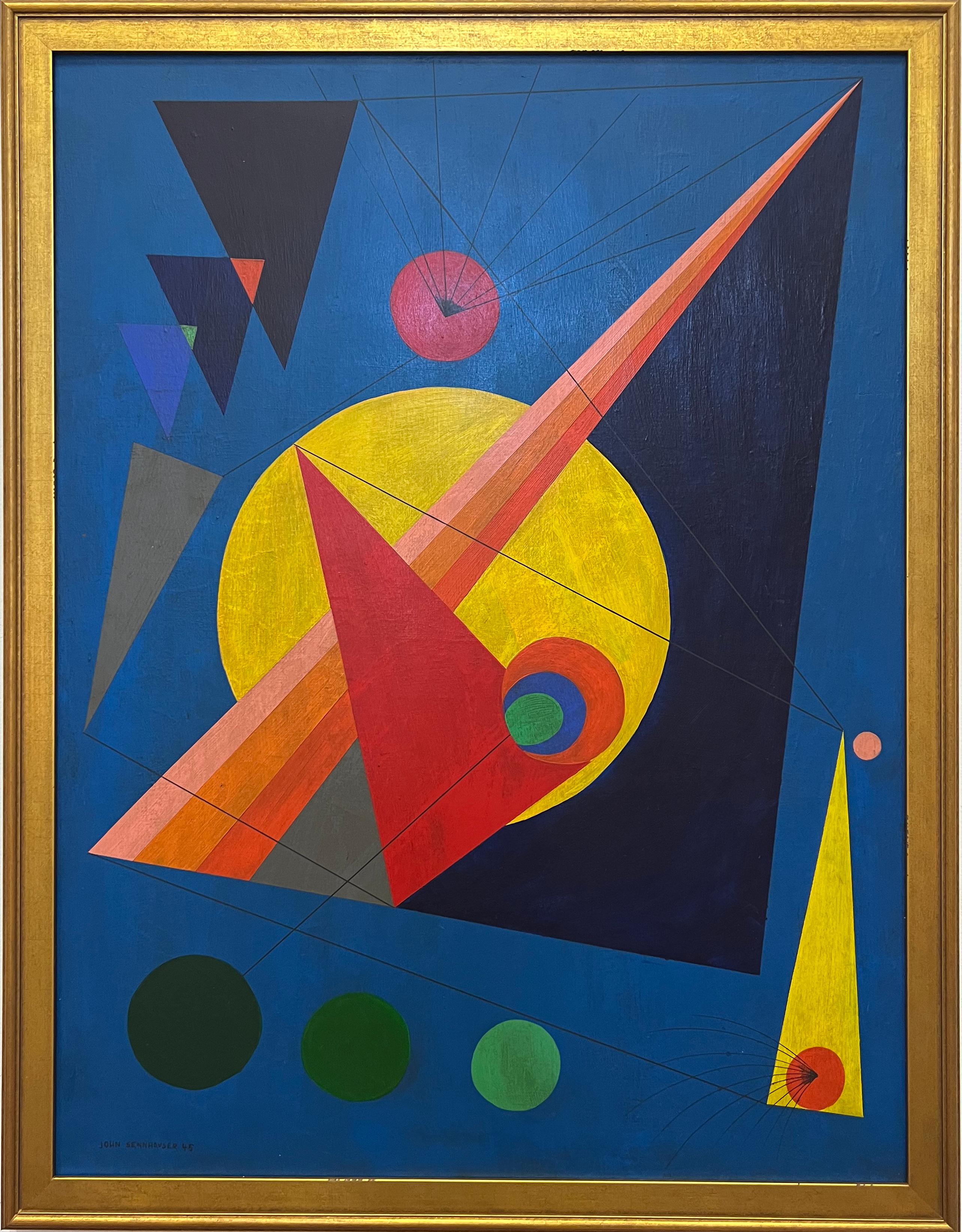 Gran cuadro abstracto al óleo sobre lienzo de John Sennhouser de 1945, enmarcado y firmado siglo XX en venta