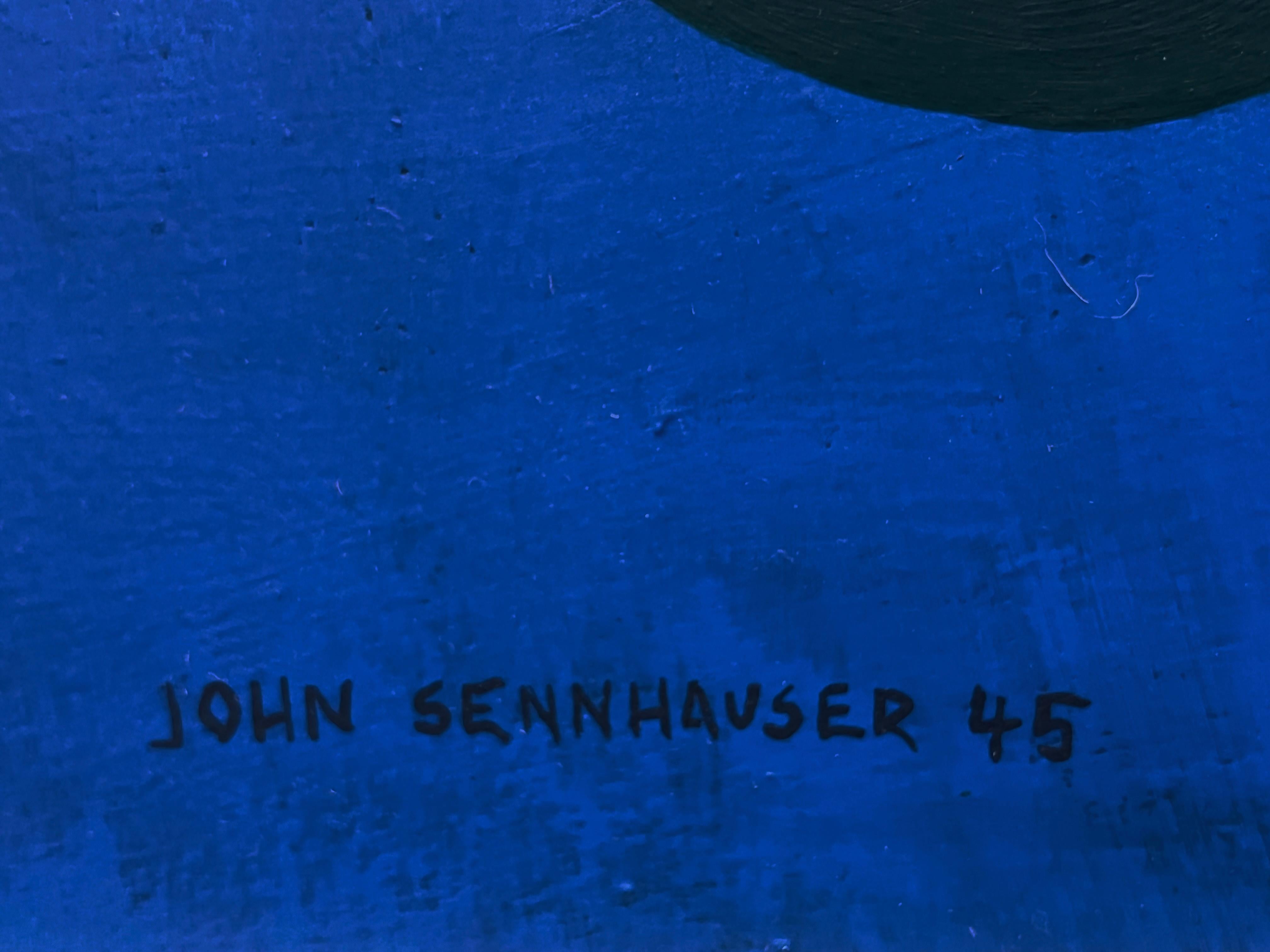 Gran cuadro abstracto al óleo sobre lienzo de John Sennhouser de 1945, enmarcado y firmado Madera dorada en venta
