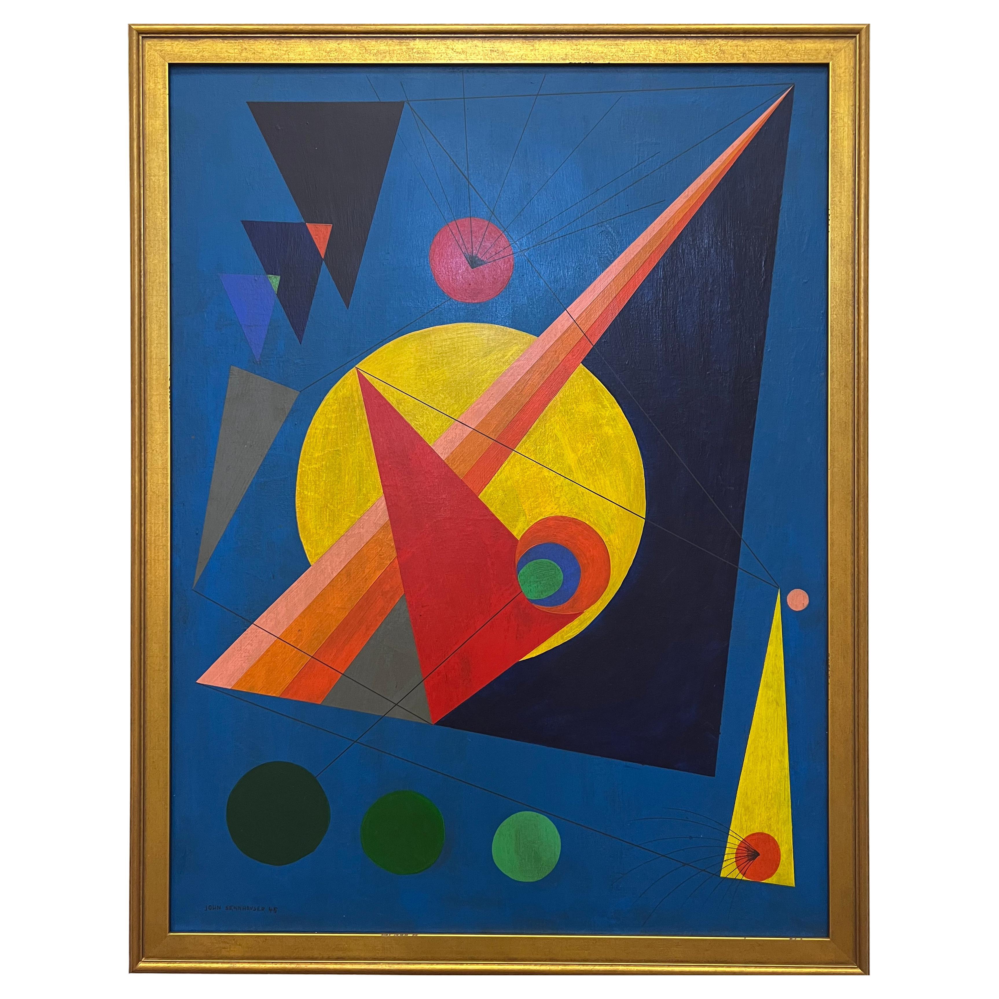 Gran cuadro abstracto al óleo sobre lienzo de John Sennhouser de 1945, enmarcado y firmado en venta