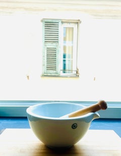 Large 1950s White Apothecary G.D.V. Porcelain & Wood Mortar & Pestle Size 5