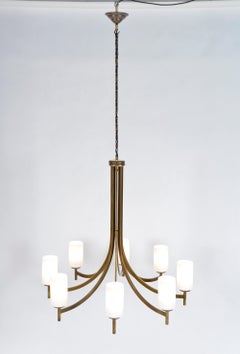 Large 1950s 1960s Italian Midcentury Brass Glass 8-Arm Chandelier Pendant Light