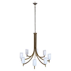 Large 1950s 1960s Italian Midcentury Brass Glass 8-Arm Chandelier Pendant Light
