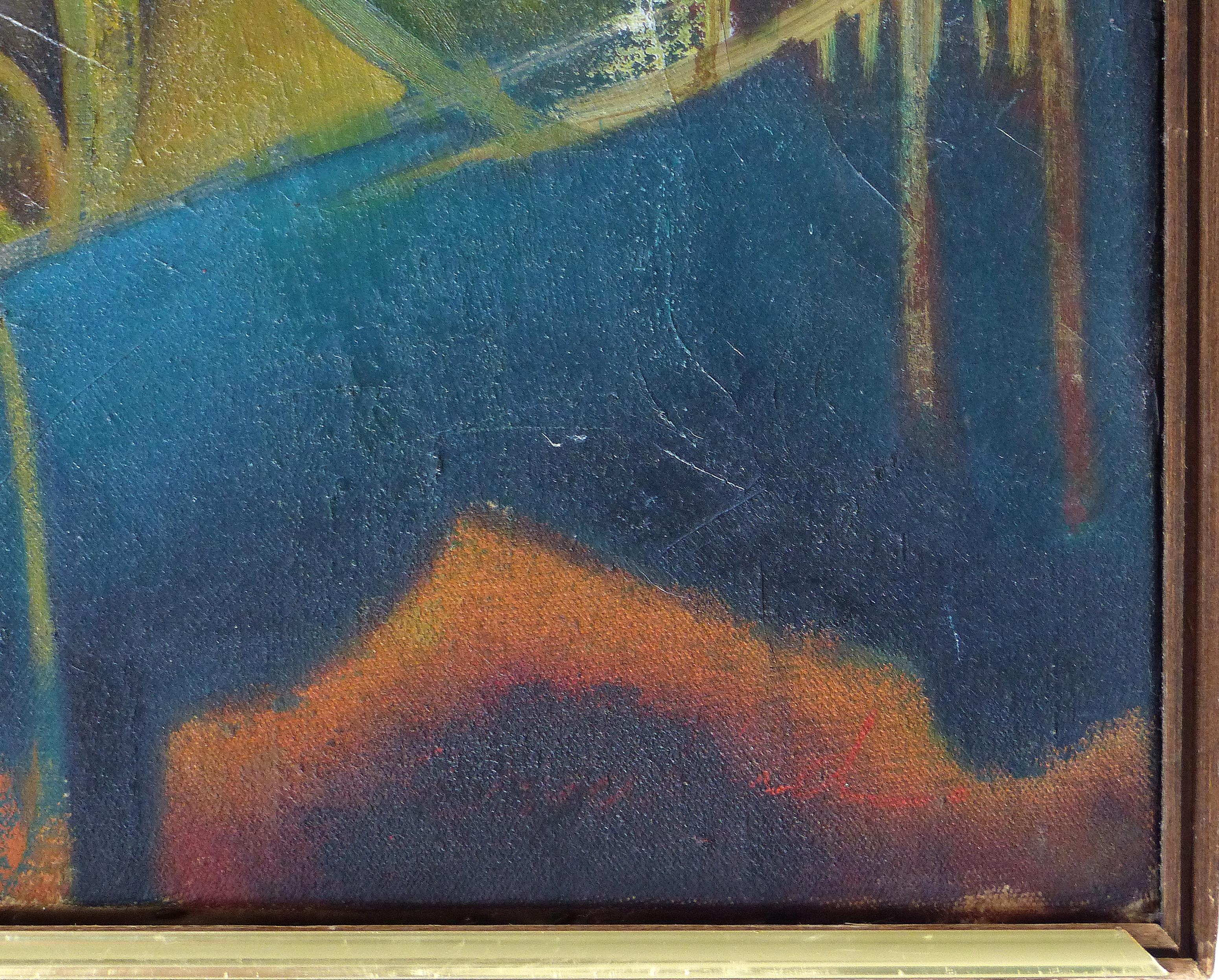 R. N. Raval Large 1950s Abstract Oil Painting on Canvas signed  In Fair Condition In Miami, FL