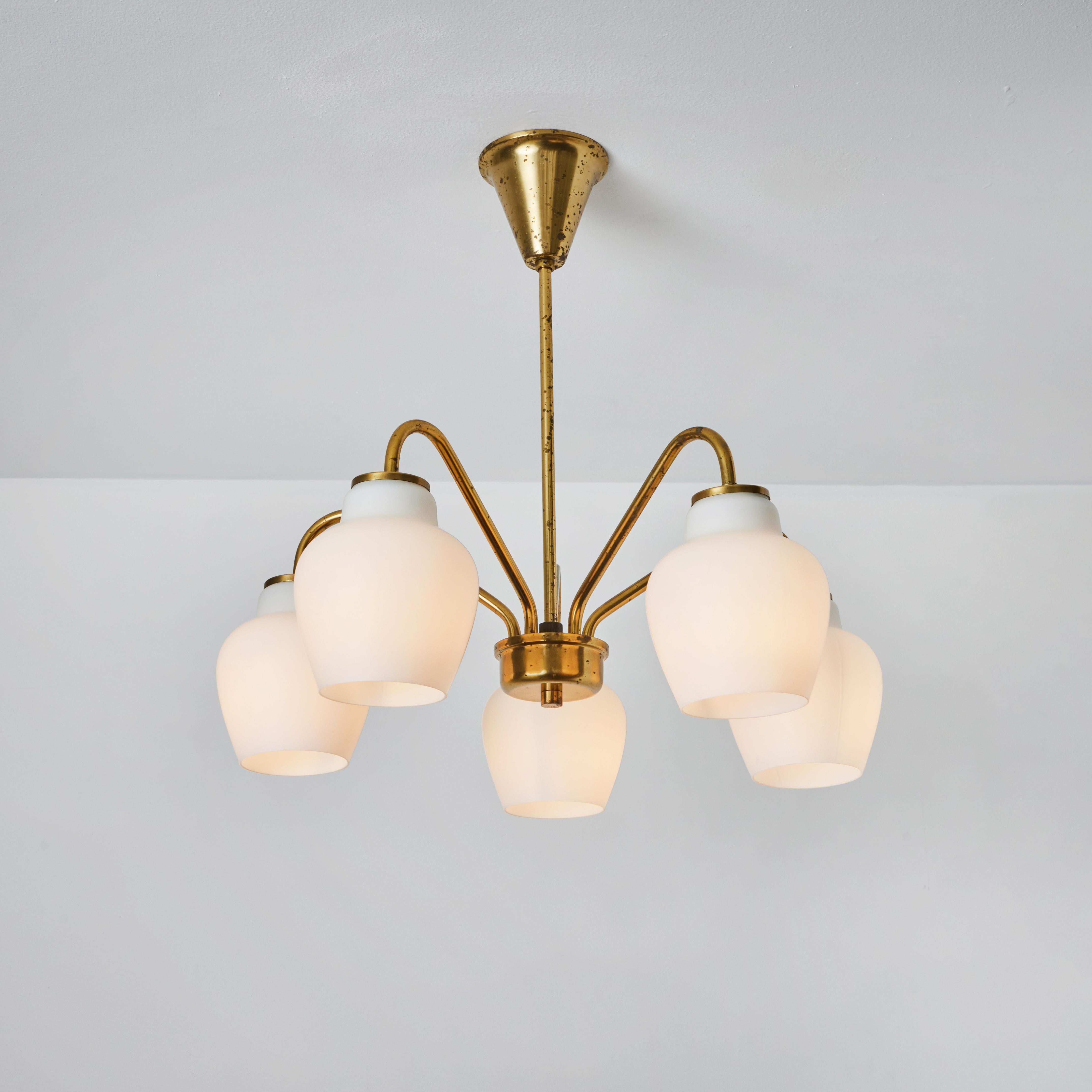 Large 1950s Bent Karlby 5-Arm Glass and Brass Chandelier for Lyfa For Sale 6
