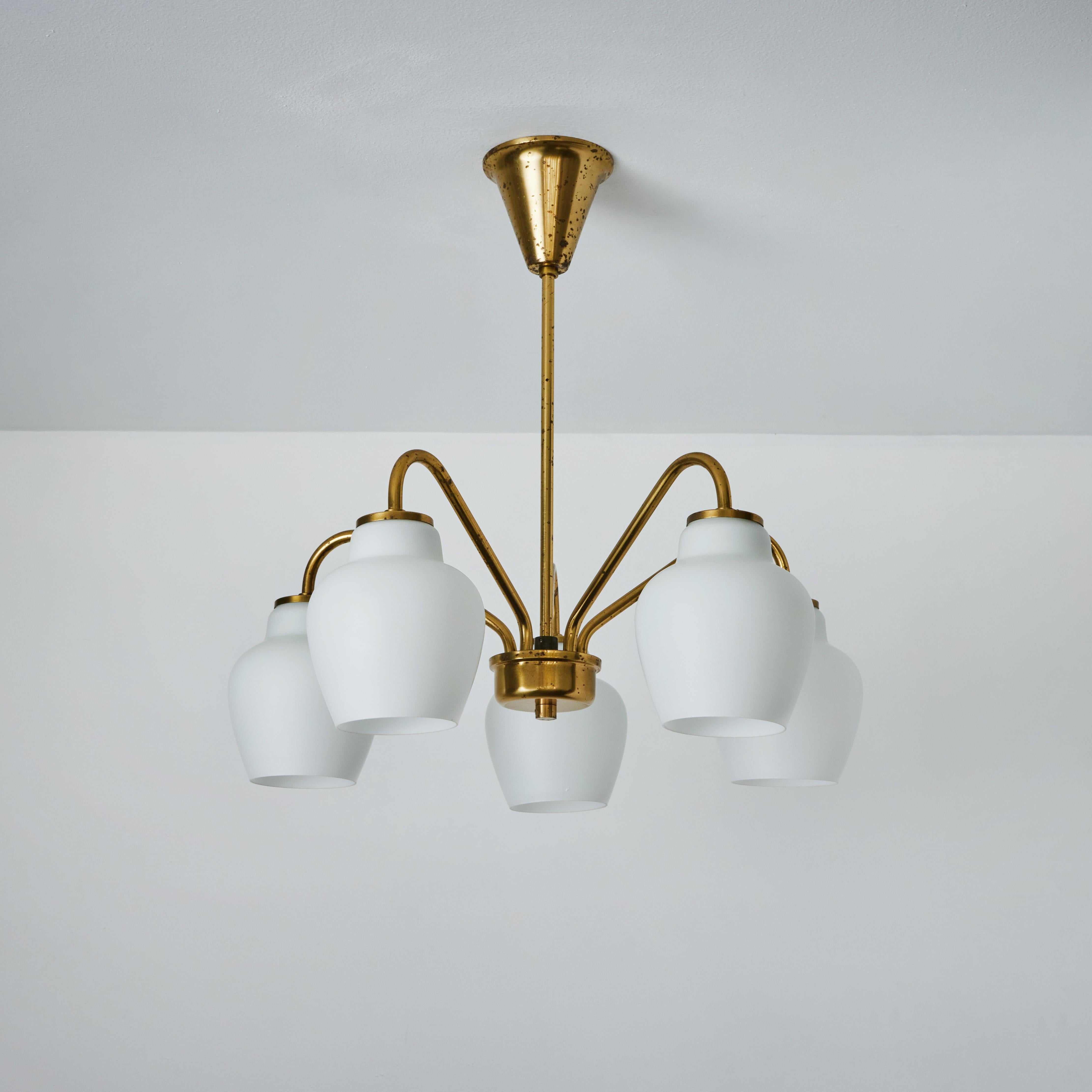 Scandinavian Modern Large 1950s Bent Karlby 5-Arm Glass and Brass Chandelier for Lyfa For Sale