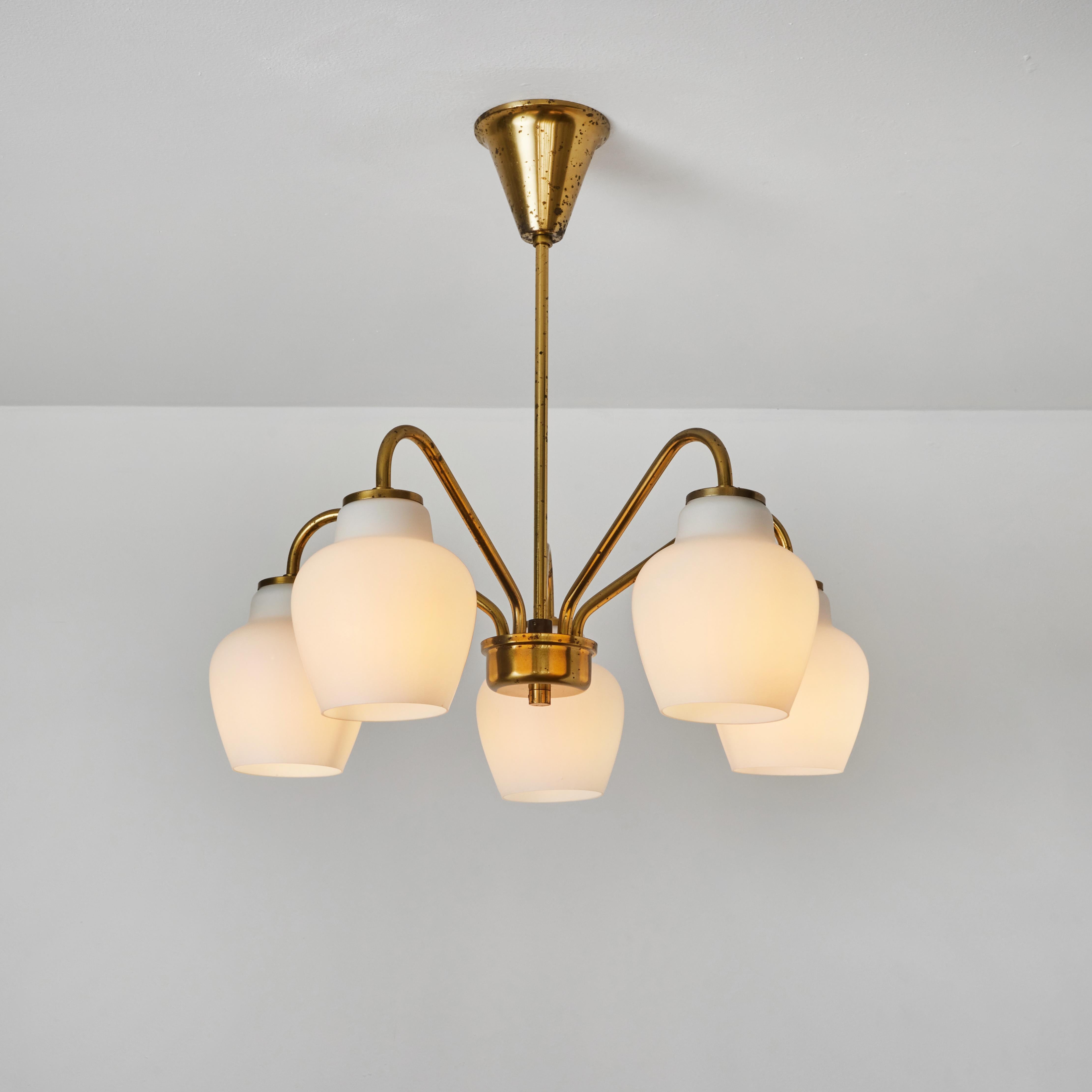 Danish Large 1950s Bent Karlby 5-Arm Glass and Brass Chandelier for Lyfa For Sale