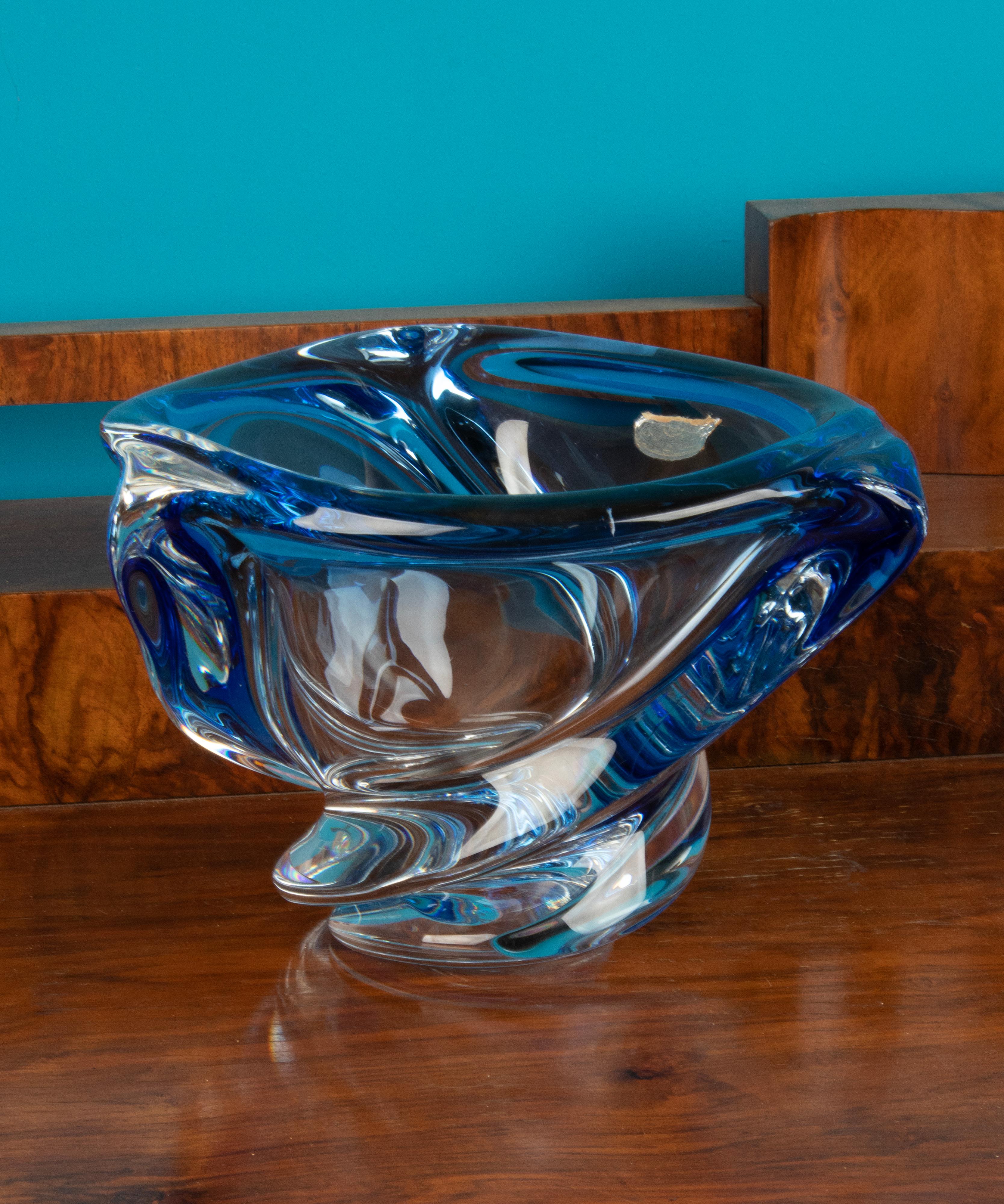Belgian Large 1950's Blue Crystal Free Form Shaped Vase by Val Saint Lambert  For Sale
