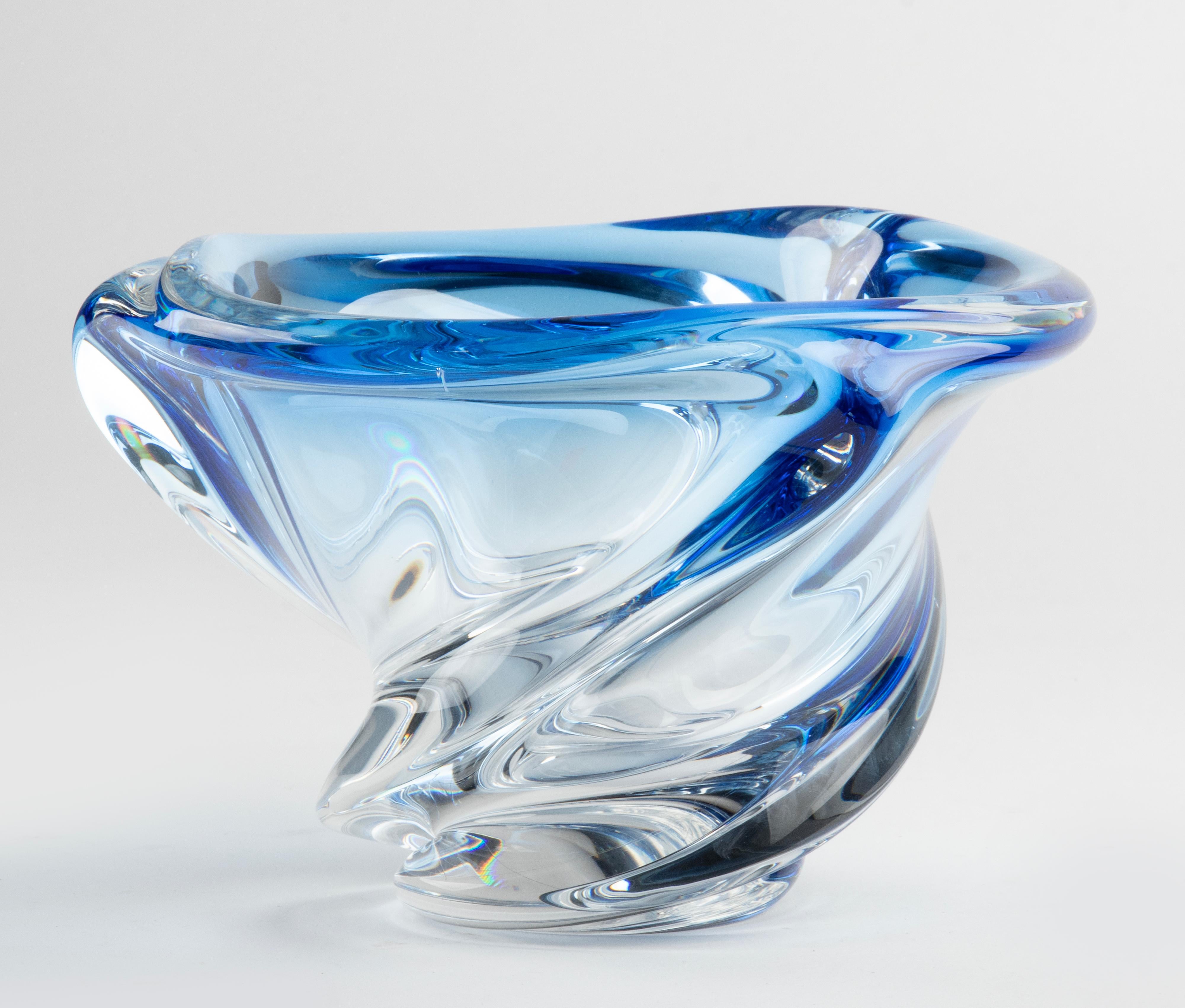 Hand-Crafted Large 1950's Blue Crystal Free Form Shaped Vase by Val Saint Lambert  For Sale