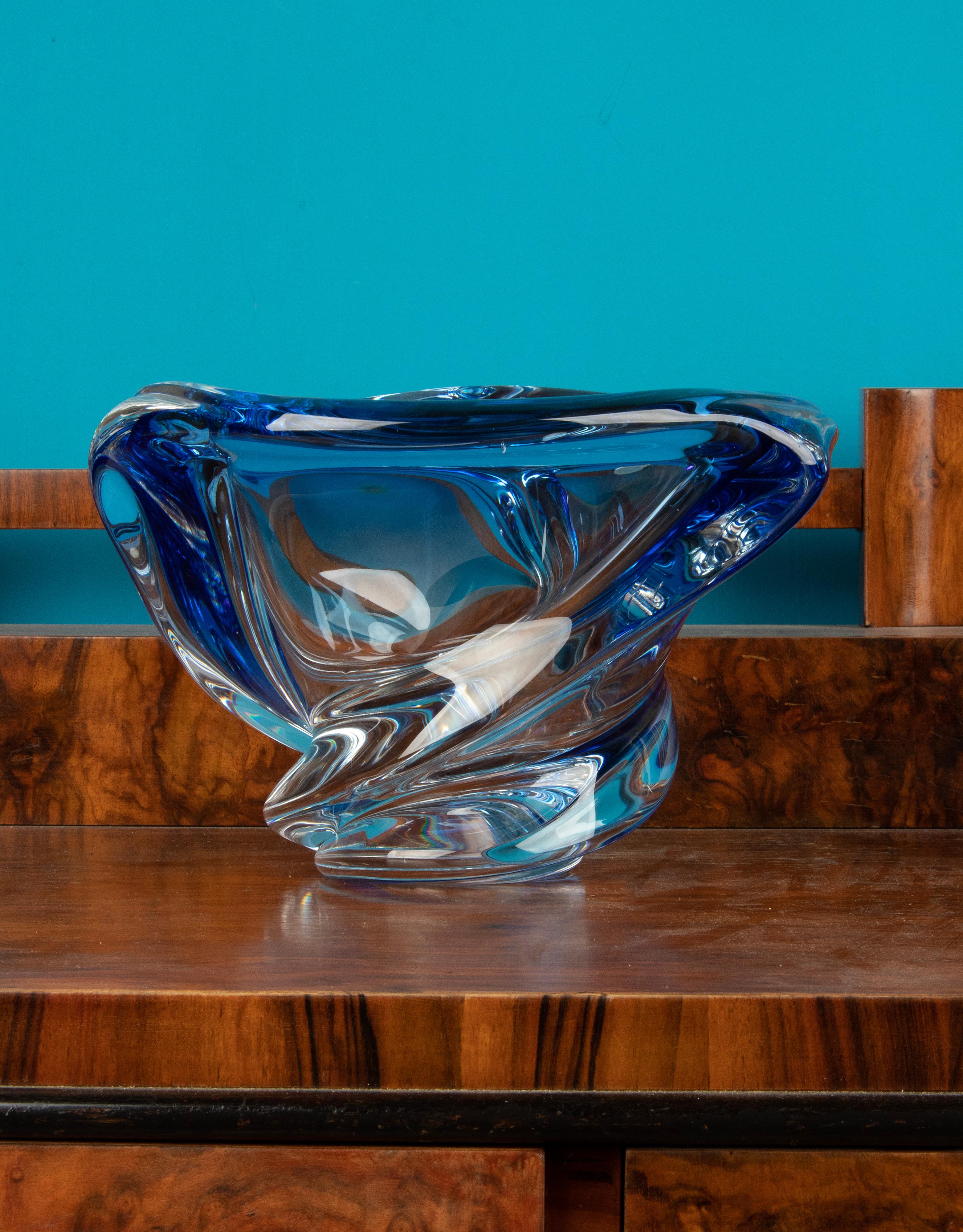 Mid-20th Century Large 1950's Blue Crystal Free Form Shaped Vase by Val Saint Lambert  For Sale