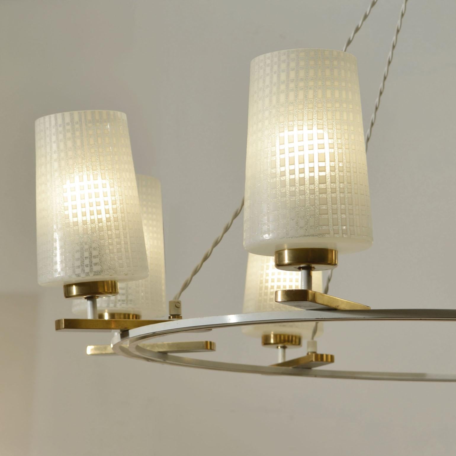 Mid-20th Century Large 1950s Chandelier with Opalescent Shades on Brass and Cream Frame For Sale