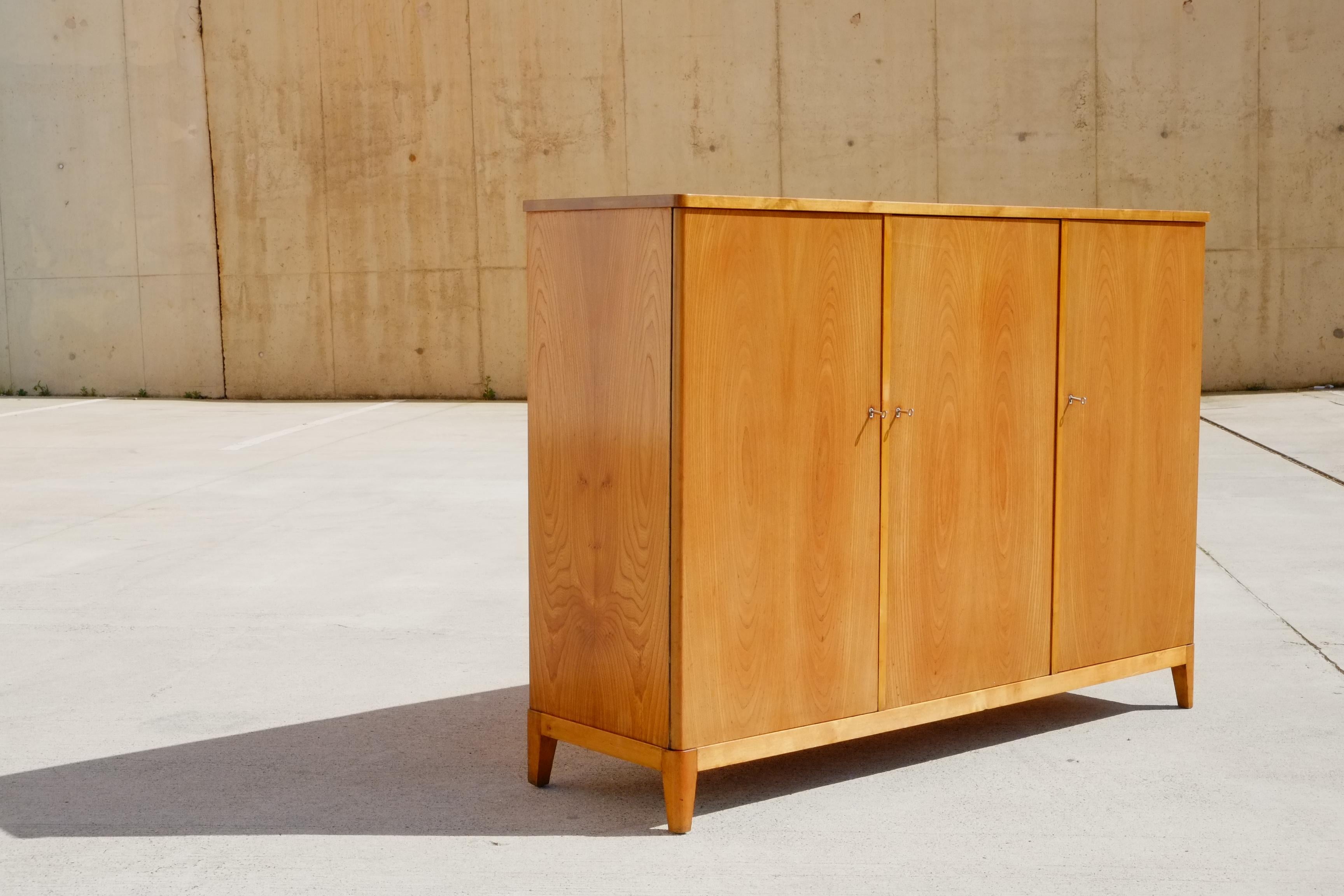 Art Deco Large 1950s Elm and Birch Swedish Sideboard Credenza with Keys For Sale