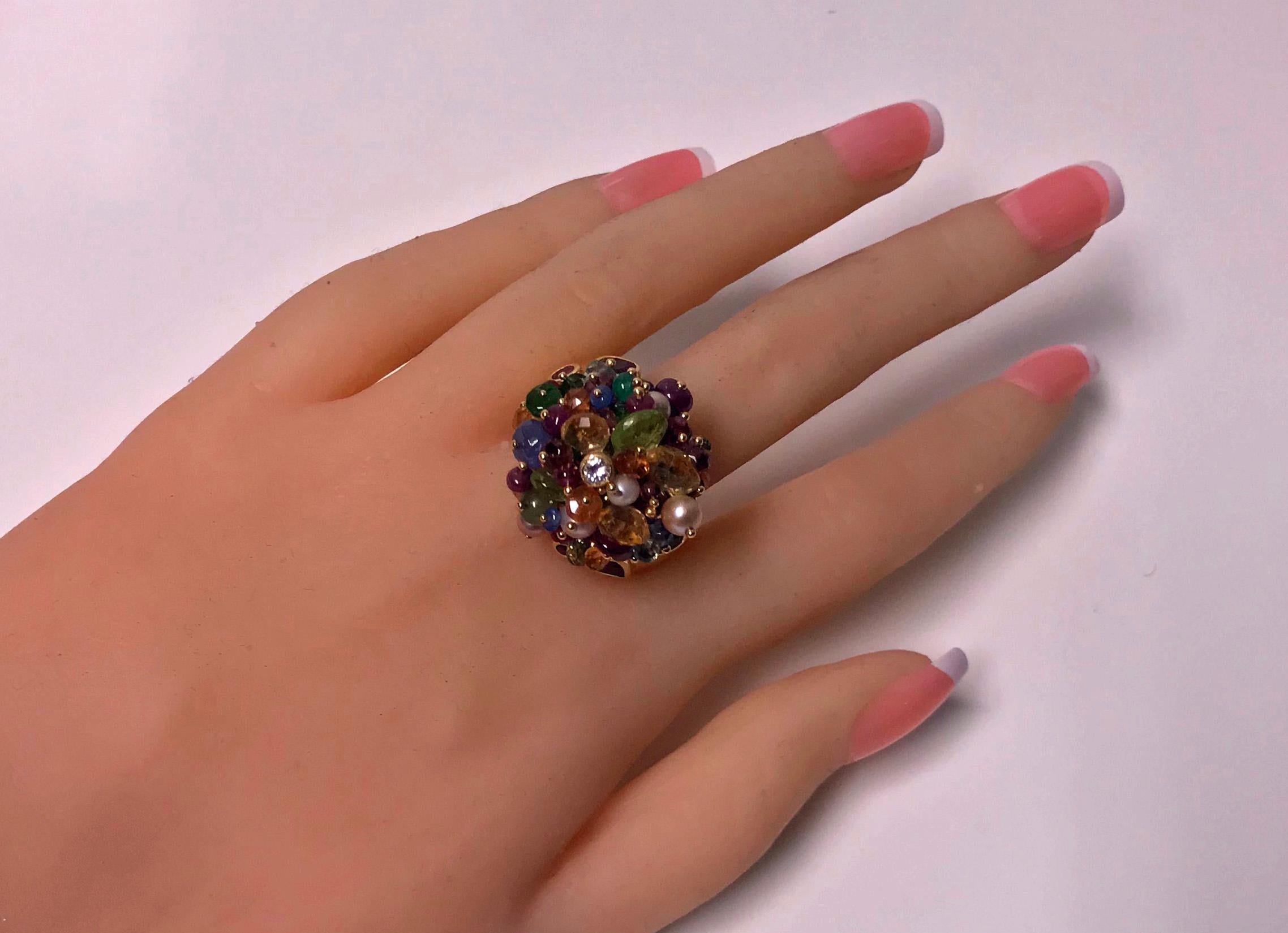 Large 1950s French 18 Karat Tutti Frutti Dome Cocktail Ring In Good Condition In Toronto, ON