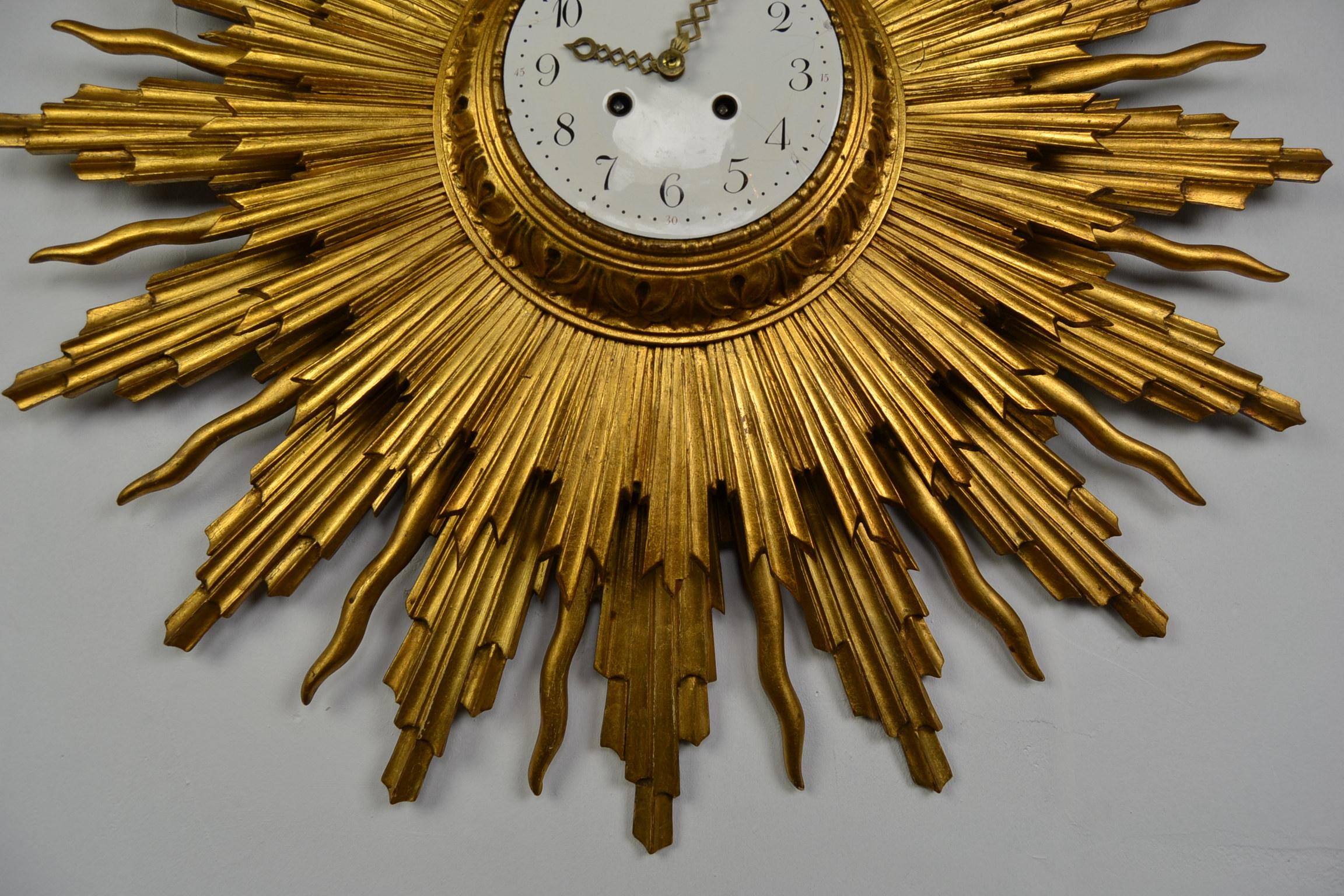 Brass Large 1950s Giltwood Sunburst Clock