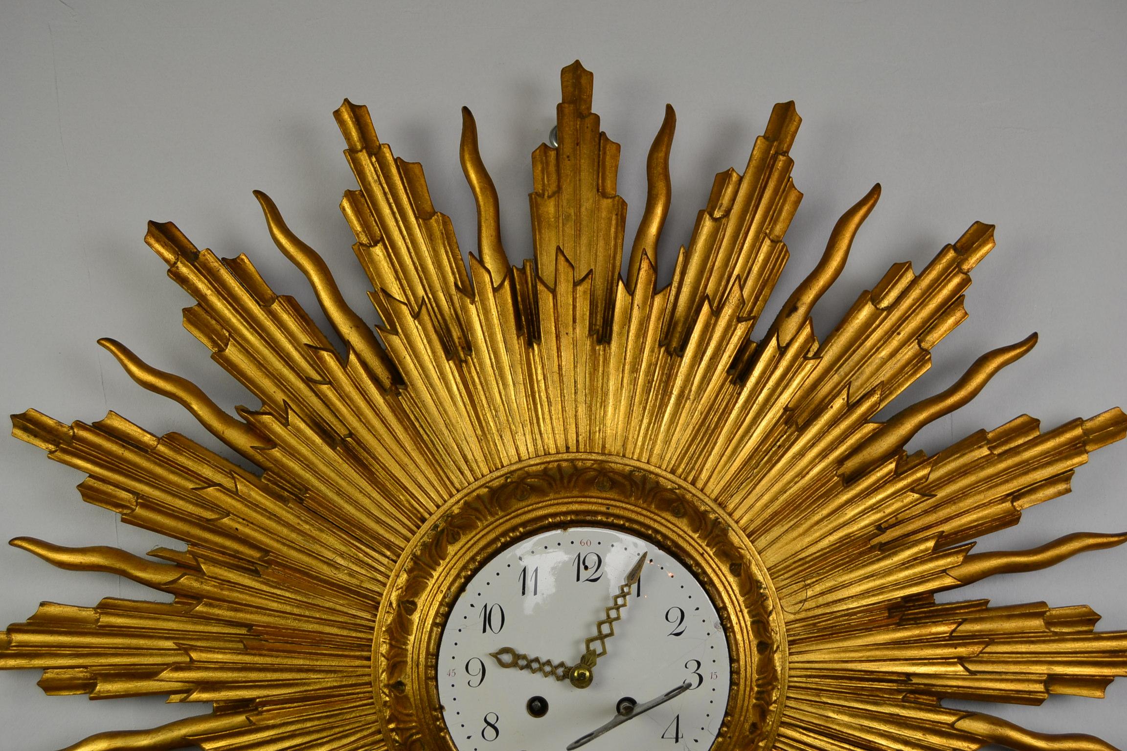 20th Century Large 1950s Giltwood Sunburst Clock