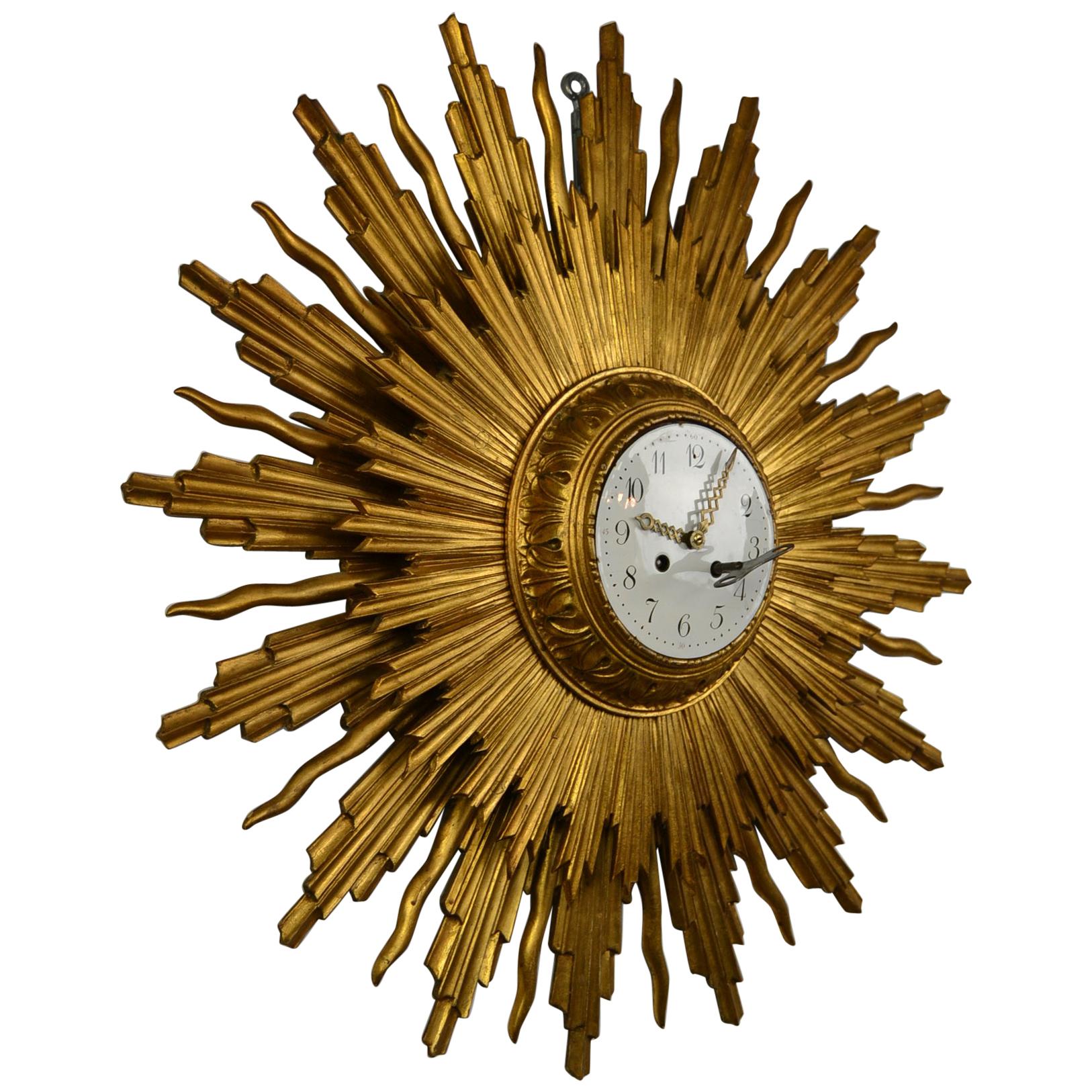 Large 1950s Giltwood Sunburst Clock