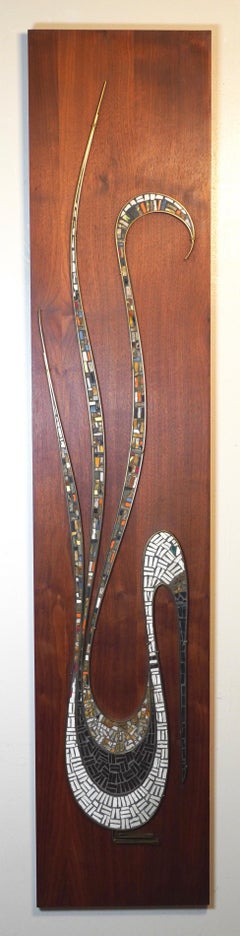 Large 1950s Hanging Wall Mosaic of Abstract Bird on a Walnut Plaque