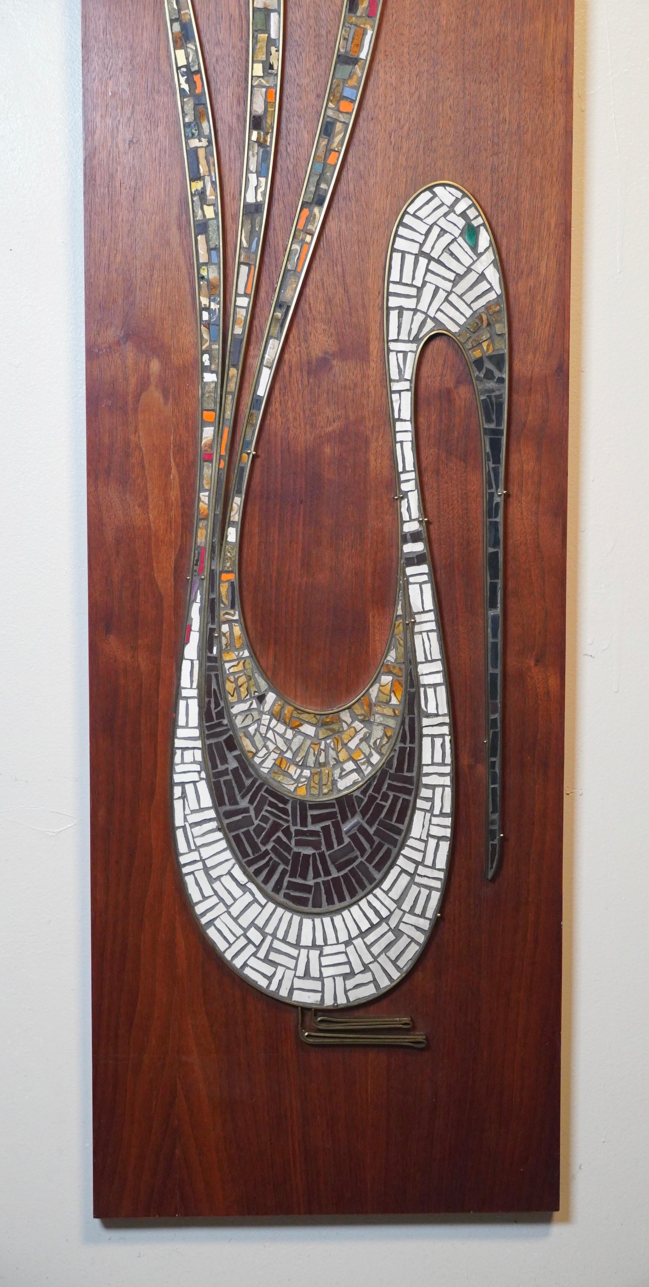 Mid-Century Modern Large 1950s Hanging Wall Mosaic of Abstract Bird on a Walnut Plaque