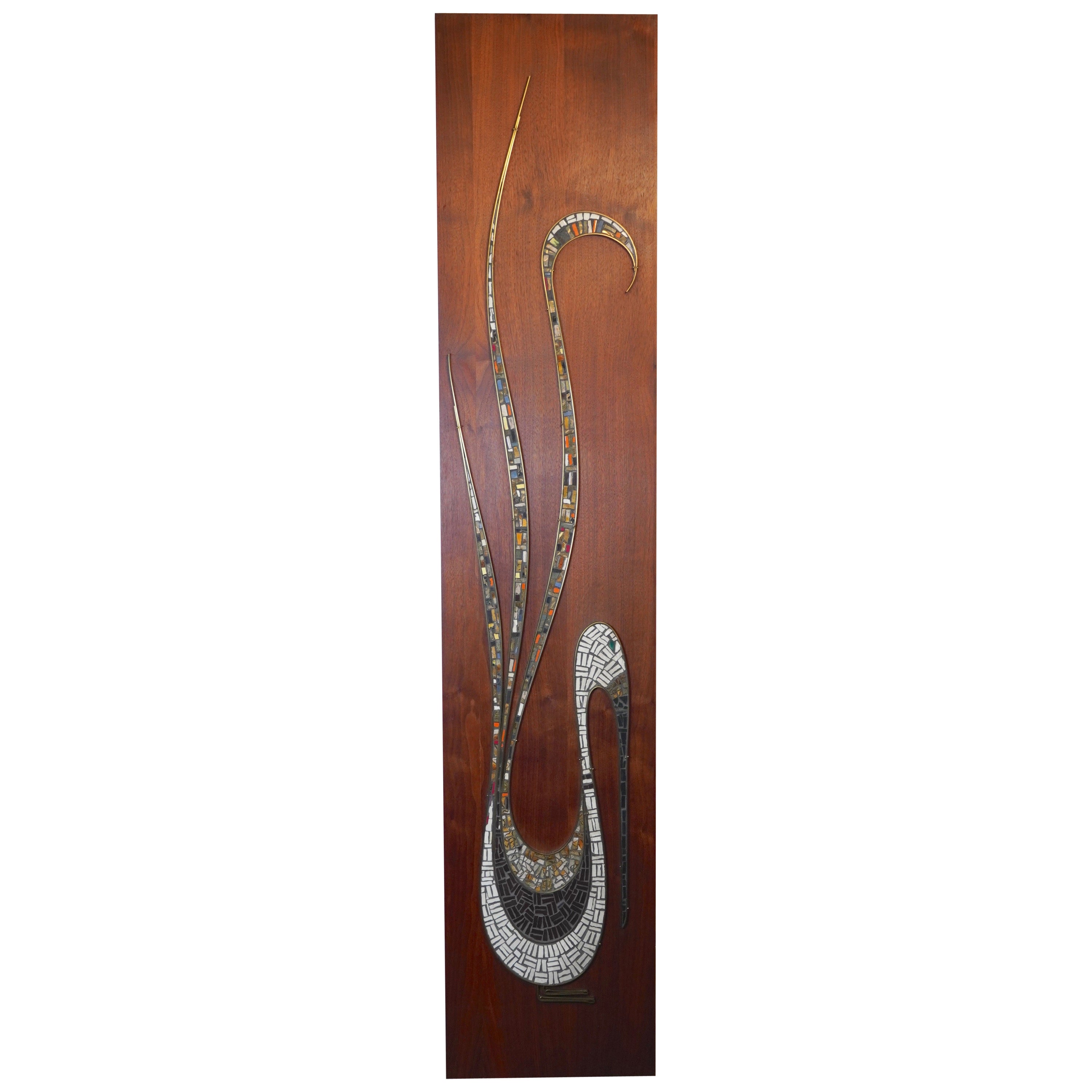 Large 1950s Hanging Wall Mosaic of Abstract Bird on a Walnut Plaque