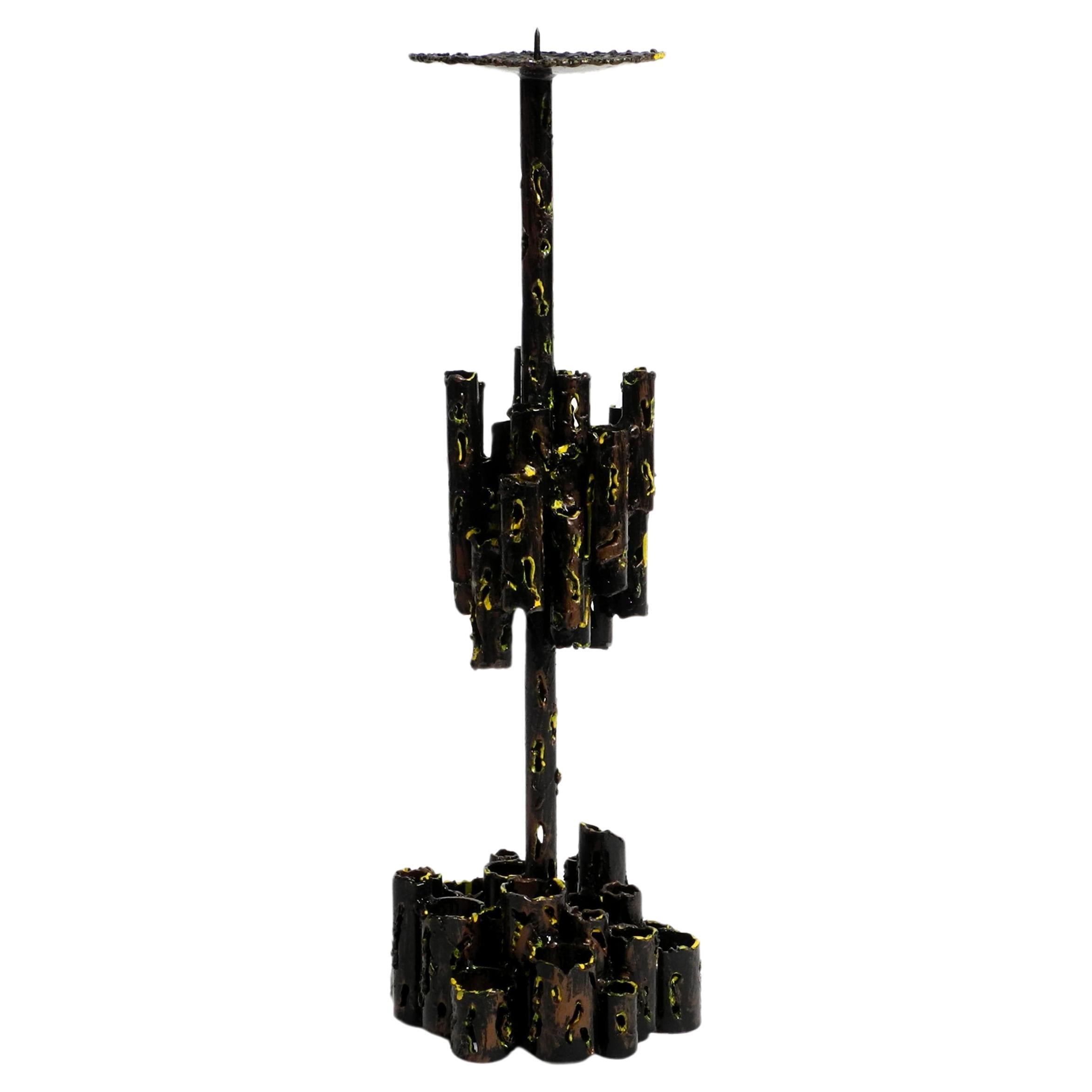 Large 1950s heavy sculptural brutalist iron candle holder by Marcello Fantoni  For Sale