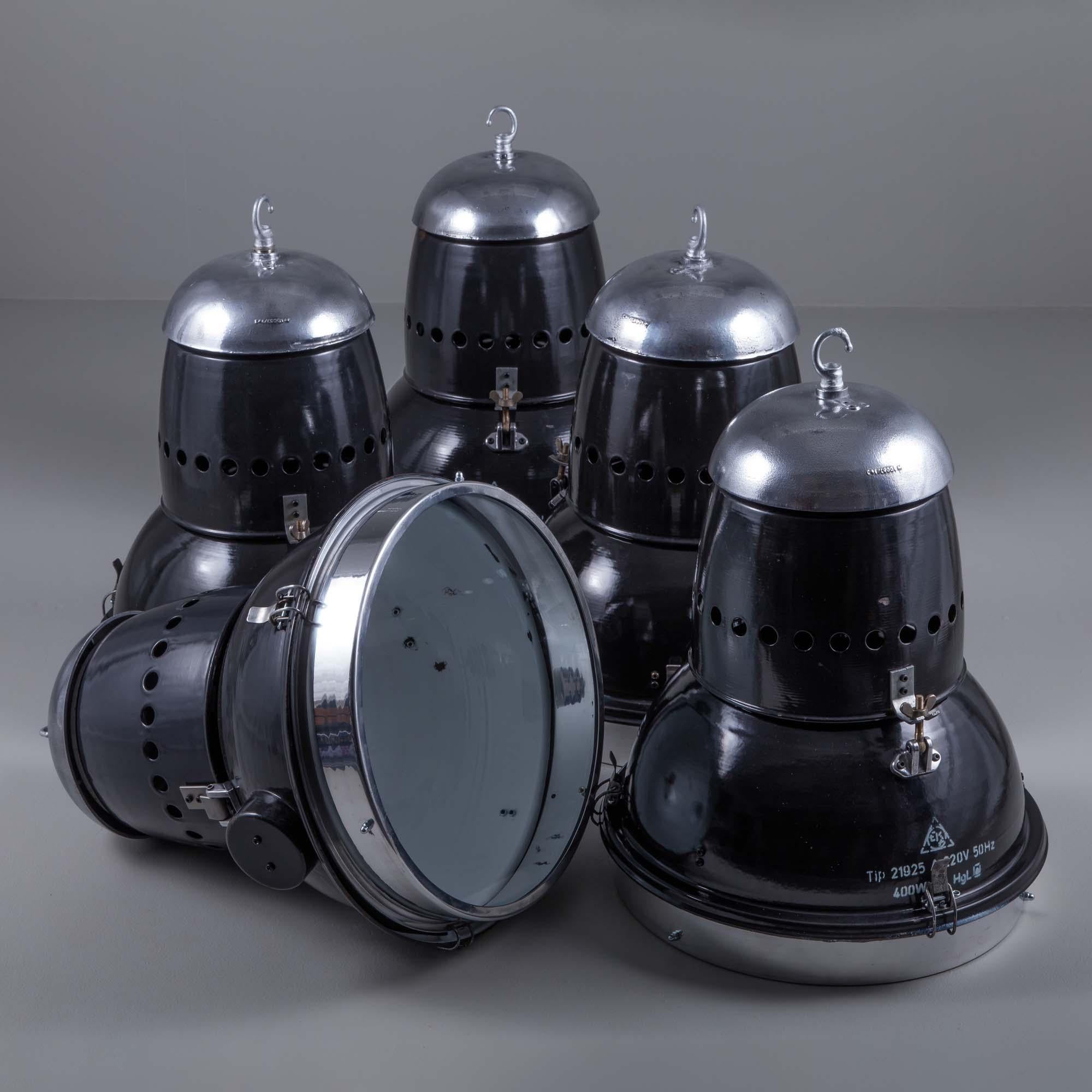 Large 1950s Hungarian Black Industrial Pendant Light by EKA (Emailliert) im Angebot