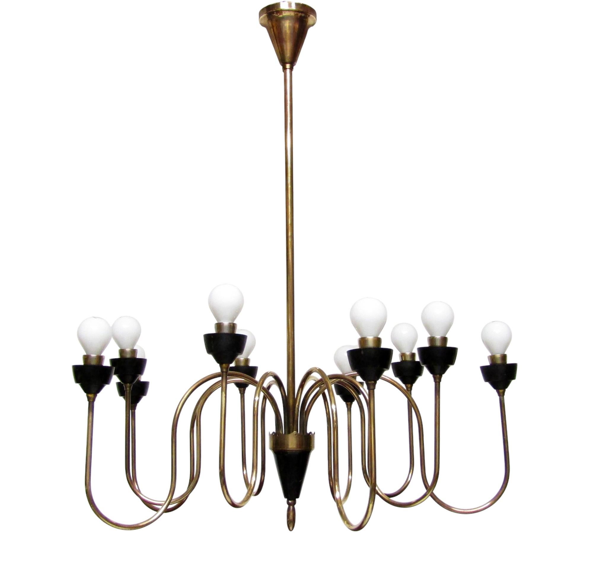 Large 1950s Italian Chandelier In Brass Attributed To Angelo Lelli For Sale 1
