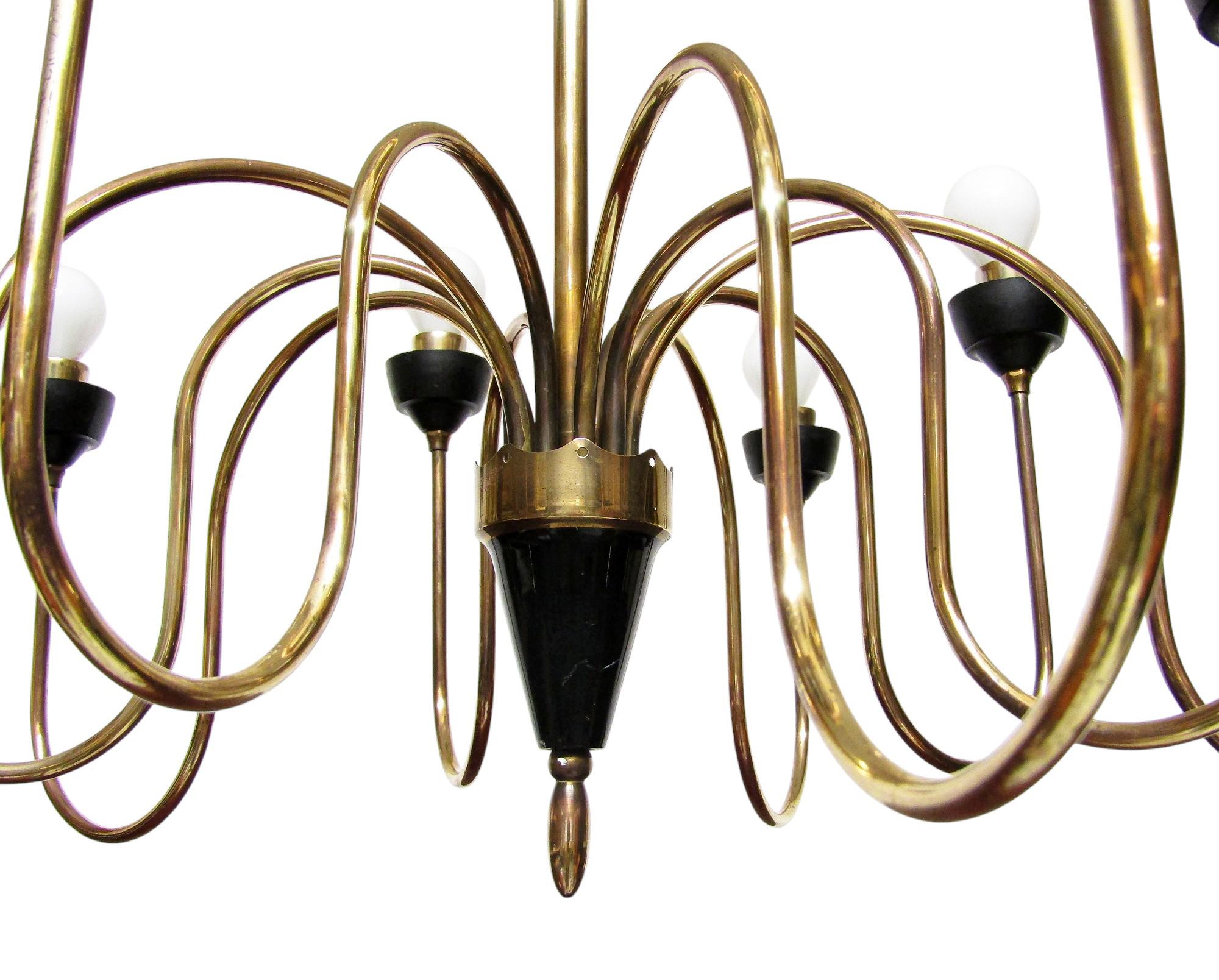 Large 1950s Italian Chandelier In Brass Attributed To Angelo Lelli For Sale 3