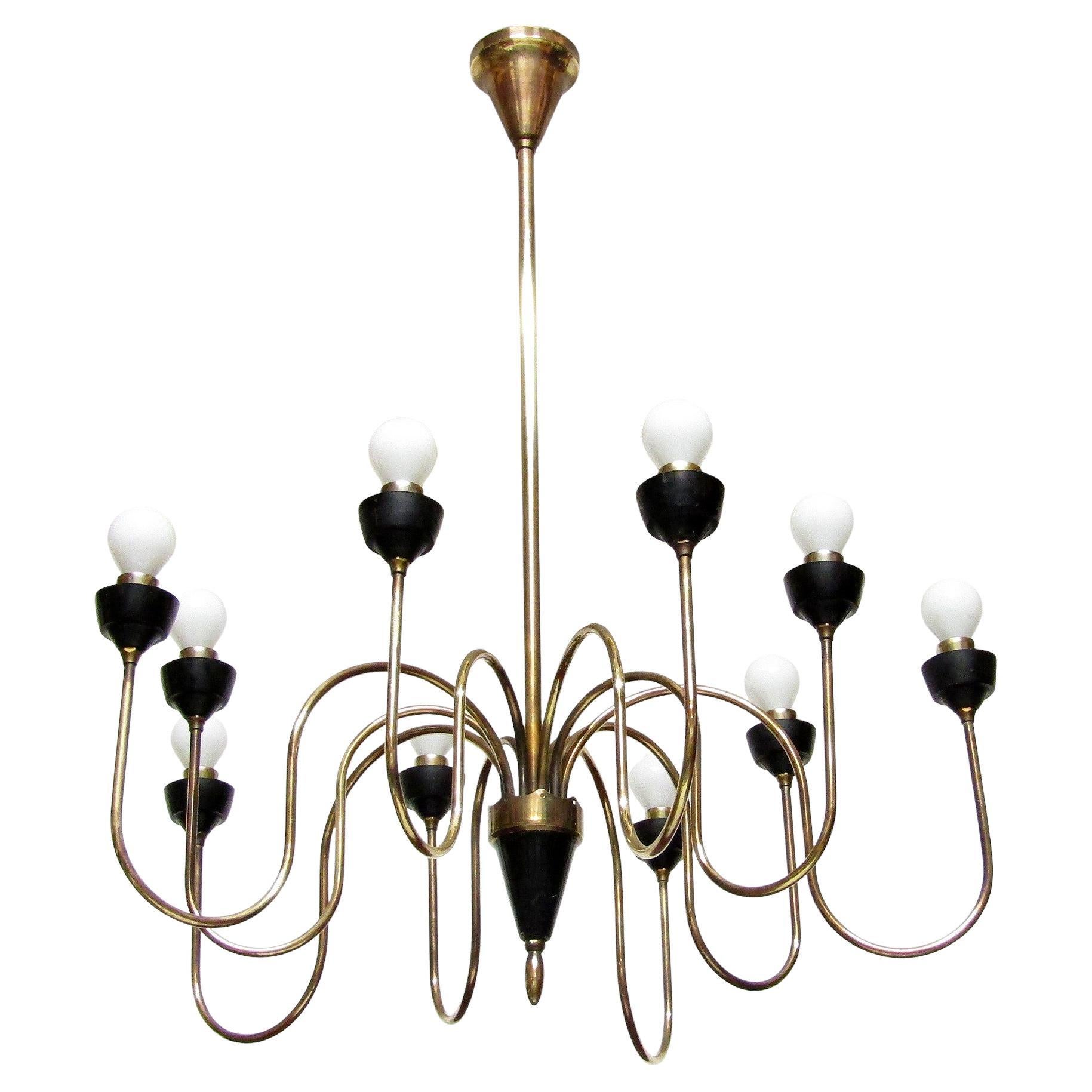 Large 1950s Italian Chandelier In Brass Attributed To Angelo Lelli
