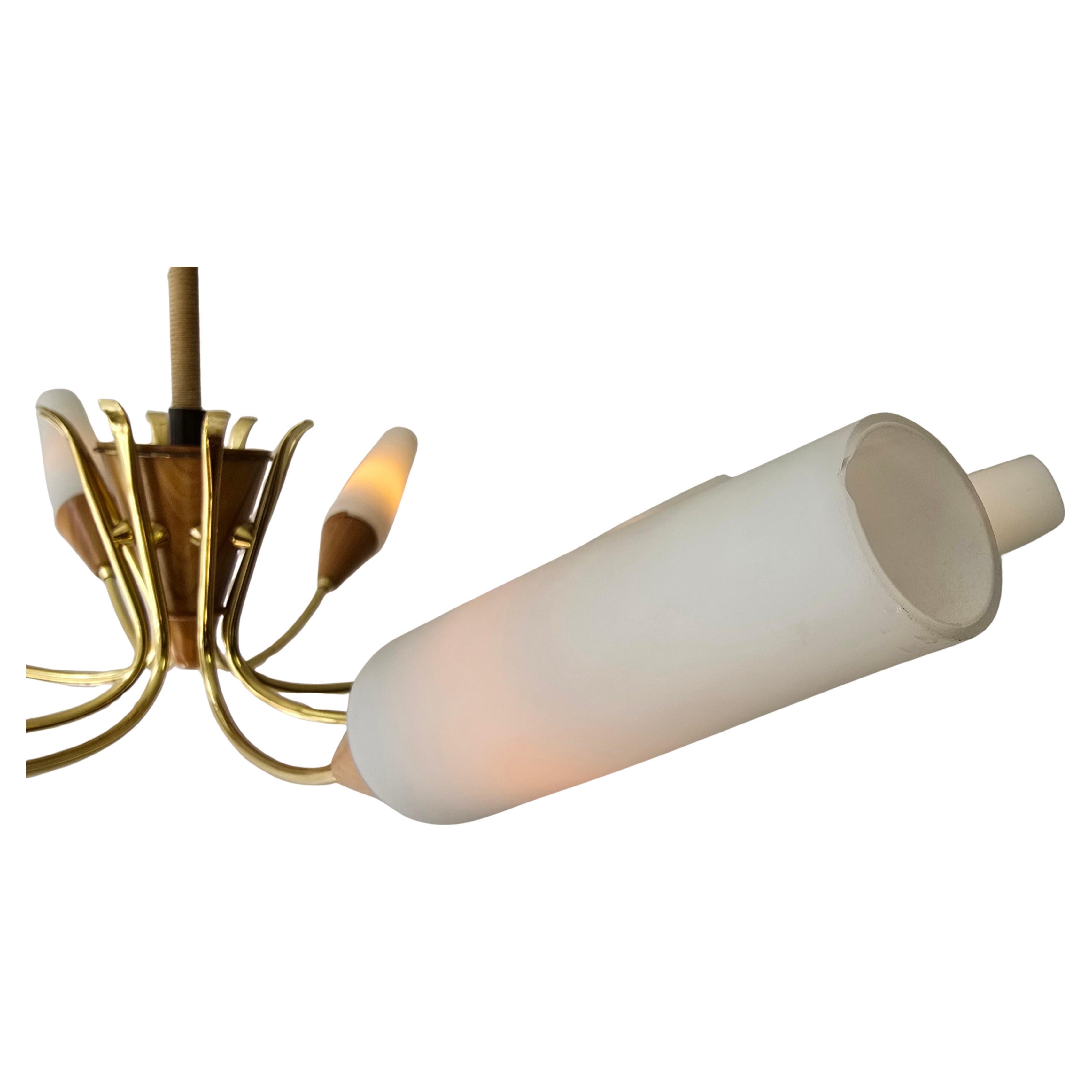 Large 1950s Italian Chandelier In Brass, Glass and wood For Sale 8