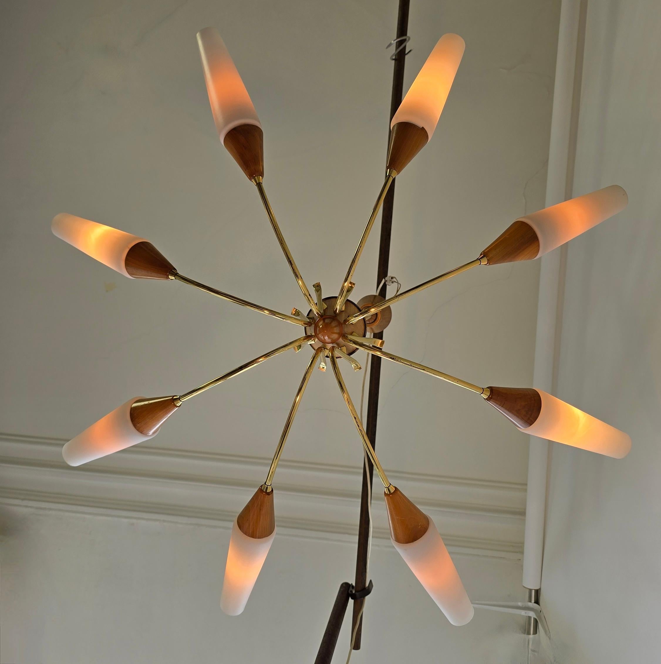 Large 1950s Italian Chandelier In Brass, Glass and wood For Sale 2
