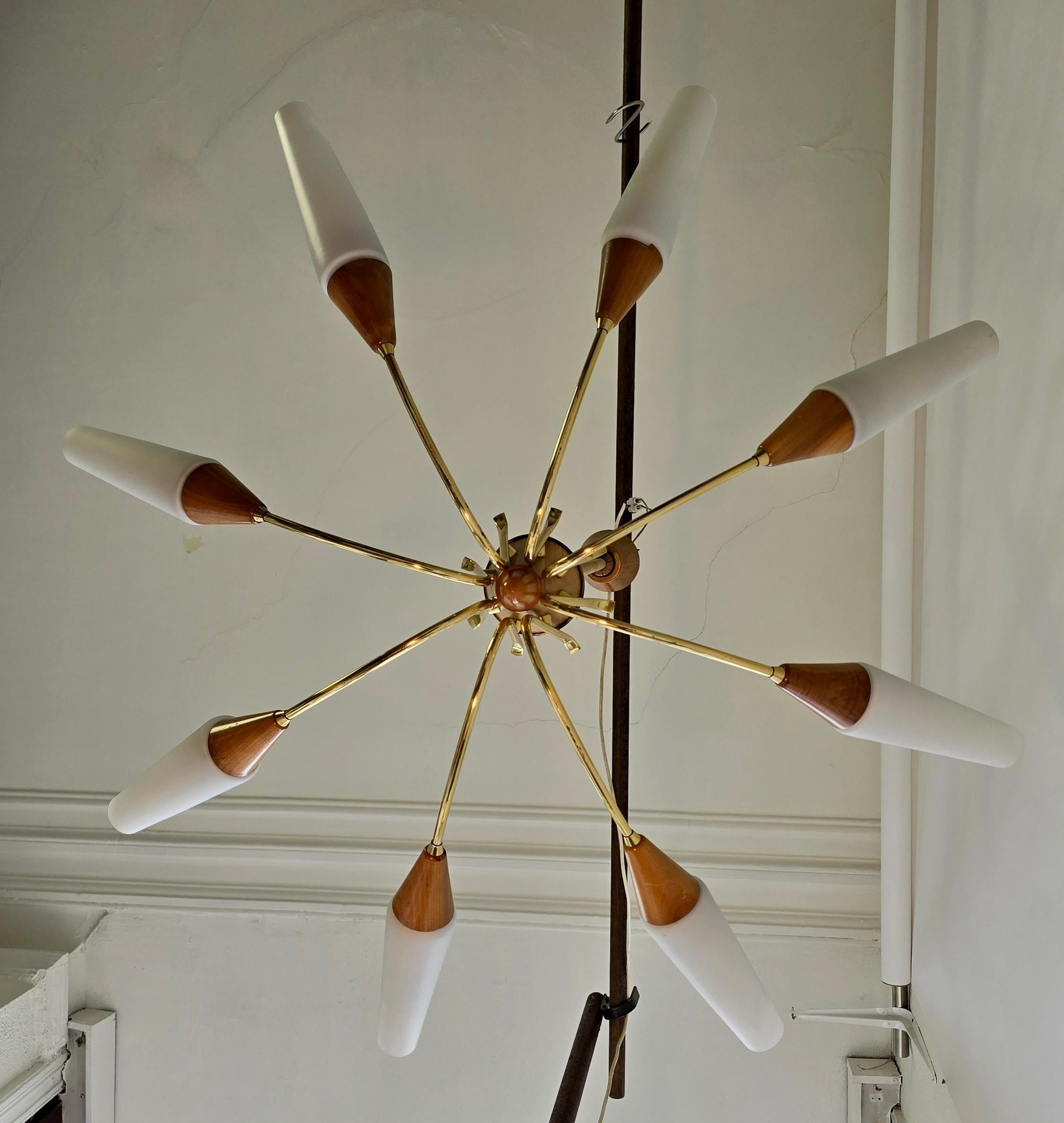 Large 1950s Italian Chandelier In Brass, Glass and wood For Sale 3
