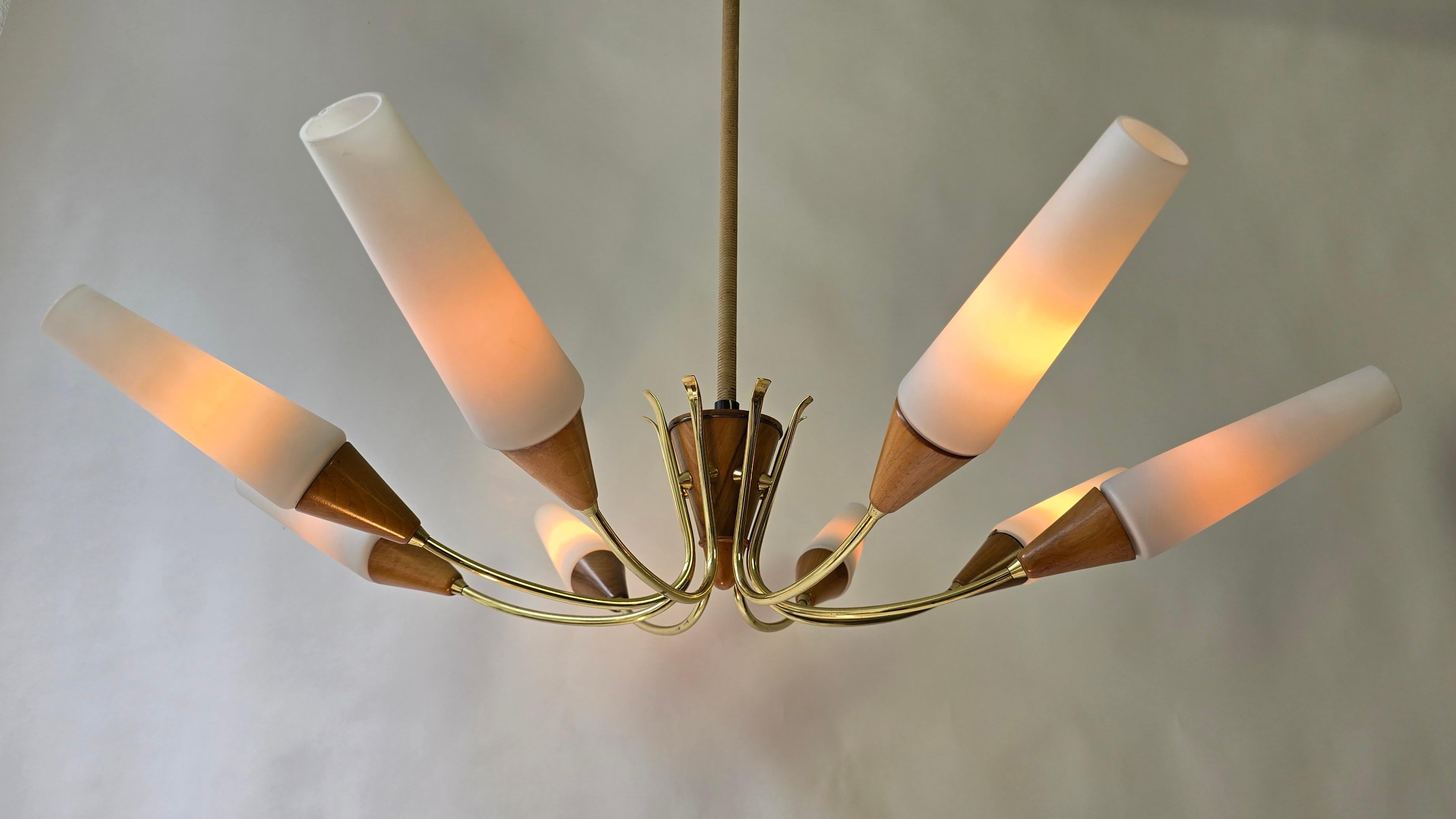 Large 1950s Italian Chandelier In Brass, Glass and wood For Sale 4