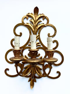 Large 1950s Italian Gilt Wrought Iron Triple Wall Sconce in Neoclassical Style