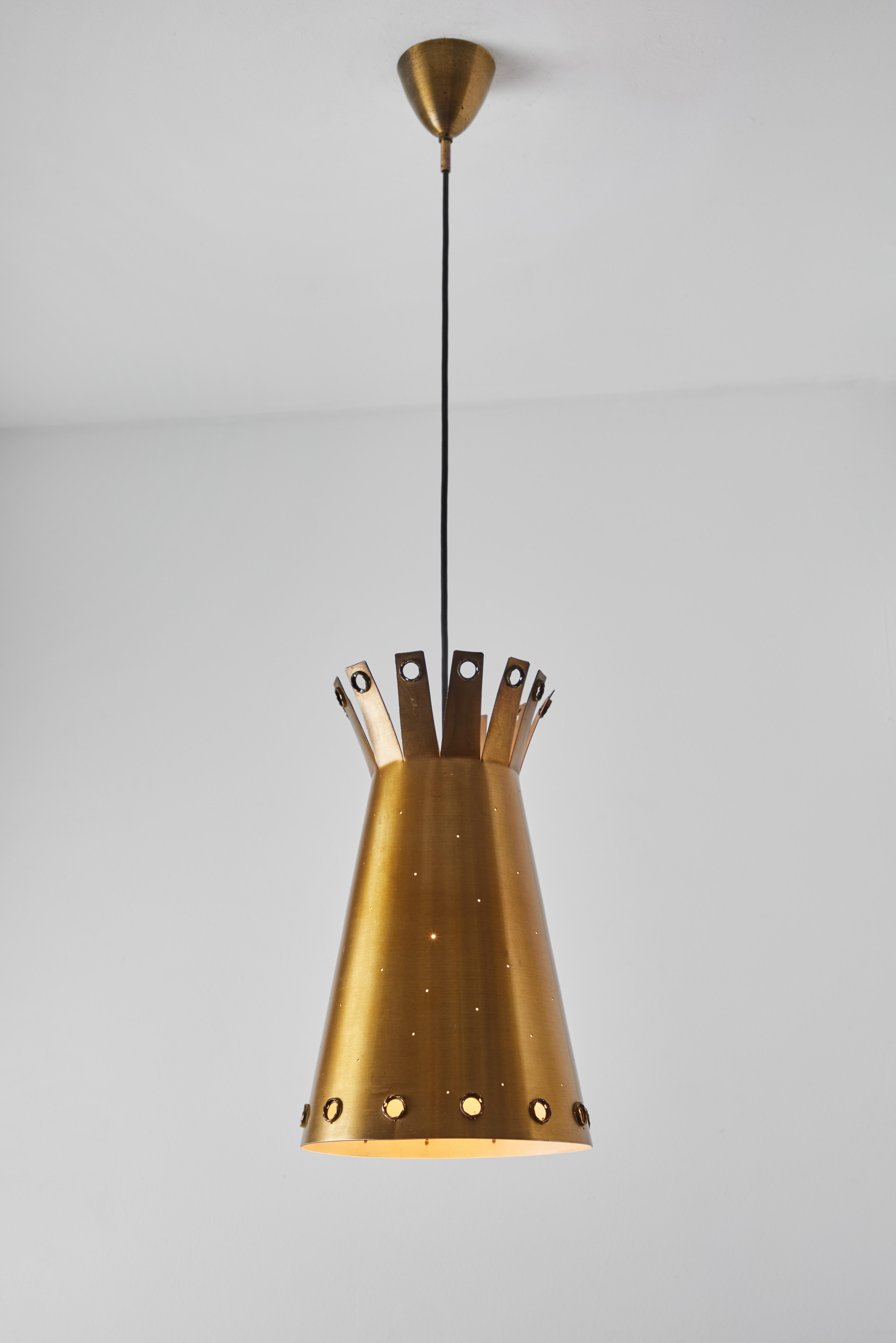 Large 1950s Italian Perforated Brass Double-Cone Pendant For Sale 3