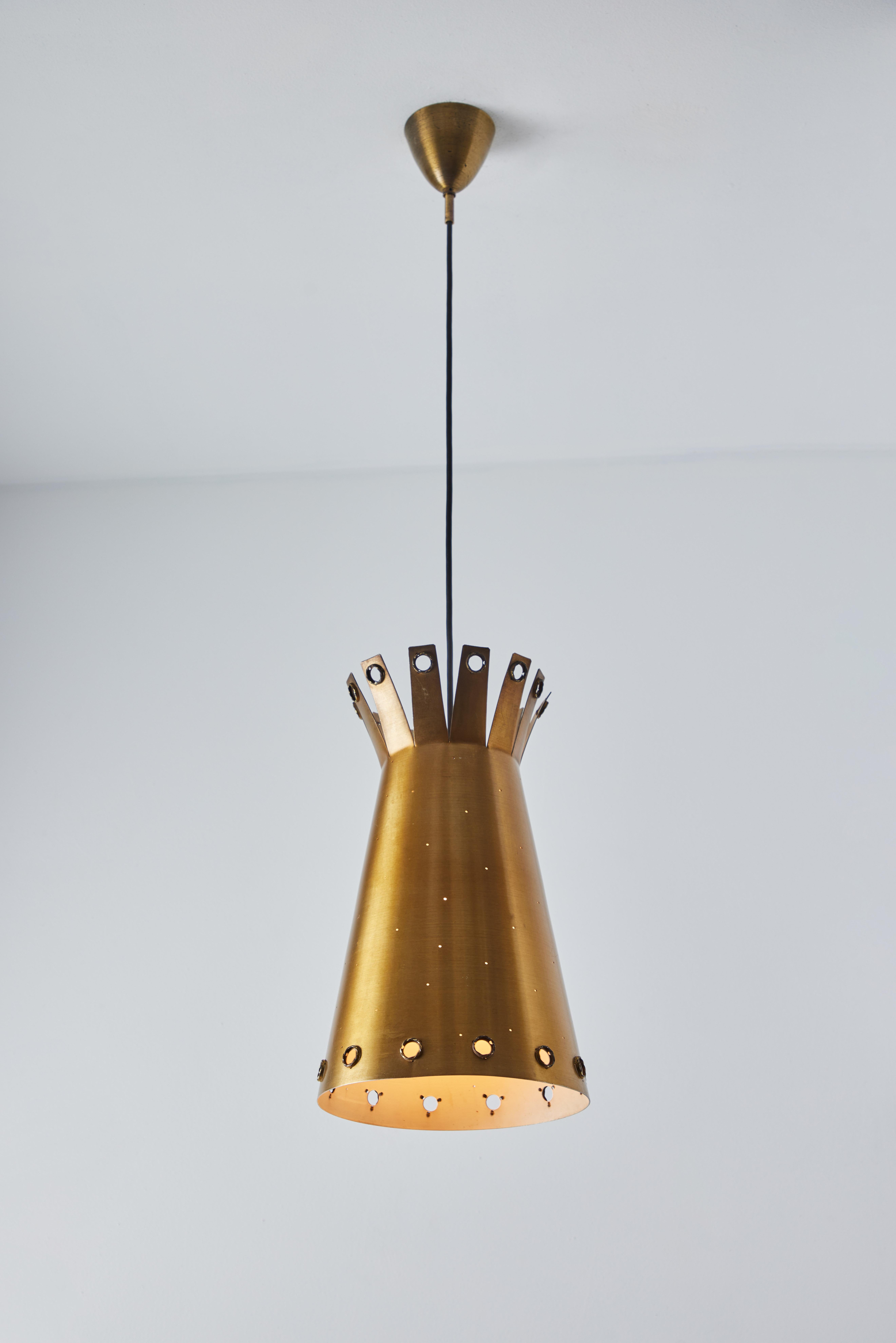 Mid-Century Modern Large 1950s Italian Perforated Brass Double-Cone Pendant For Sale