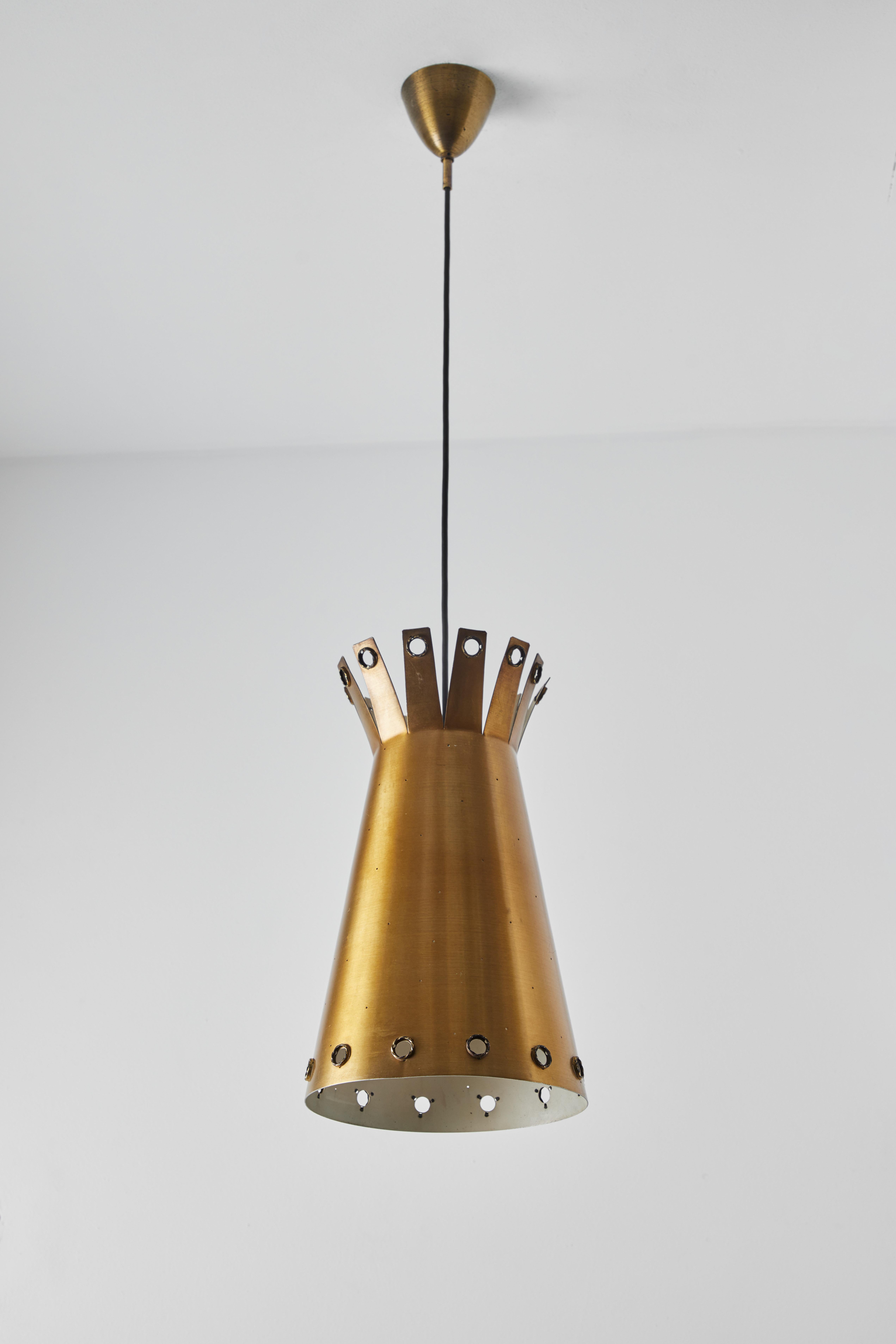 Large 1950s Italian Perforated Brass Double-Cone Pendant In Good Condition For Sale In Glendale, CA