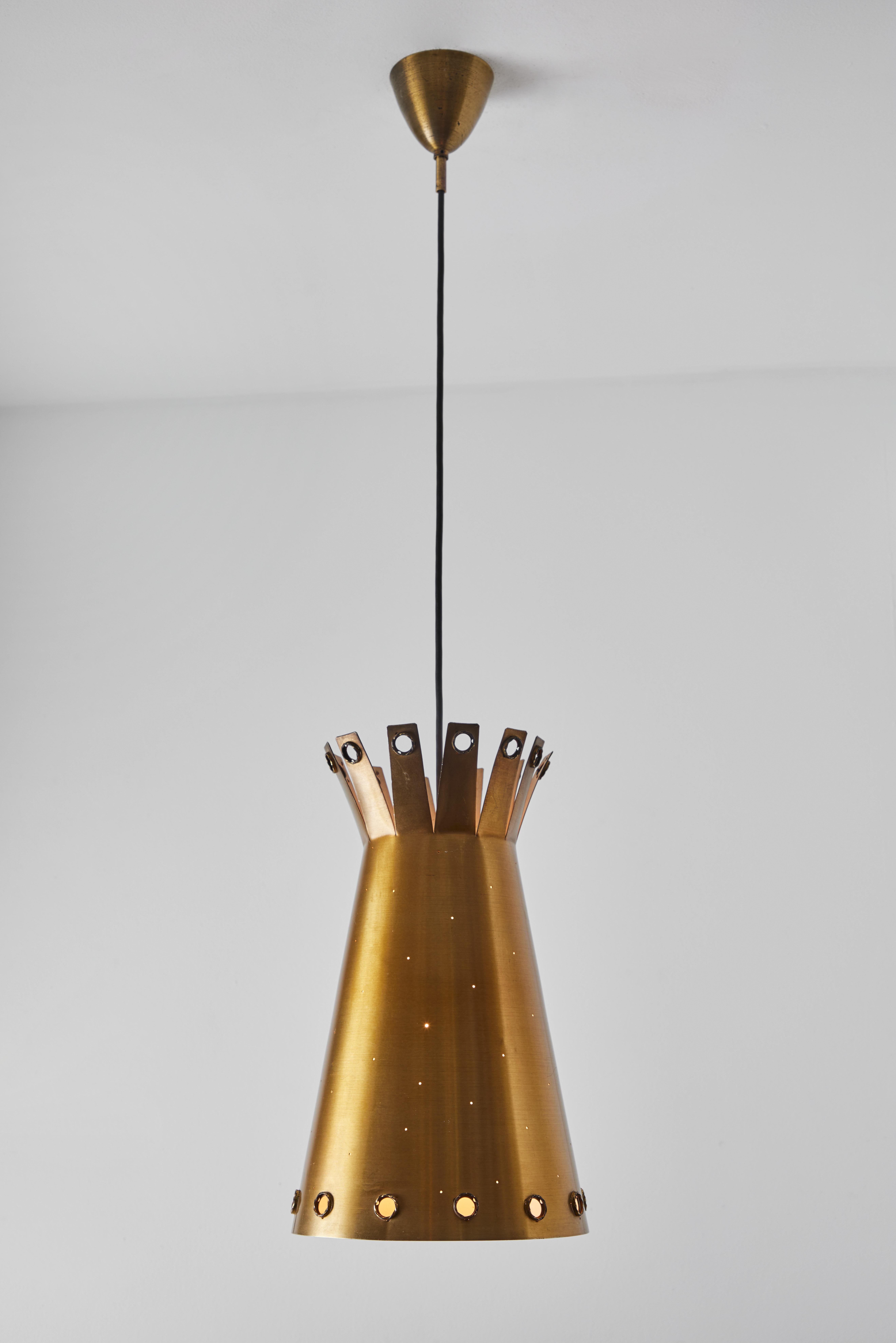 Large 1950s Italian Perforated Brass Double-Cone Pendant For Sale 2