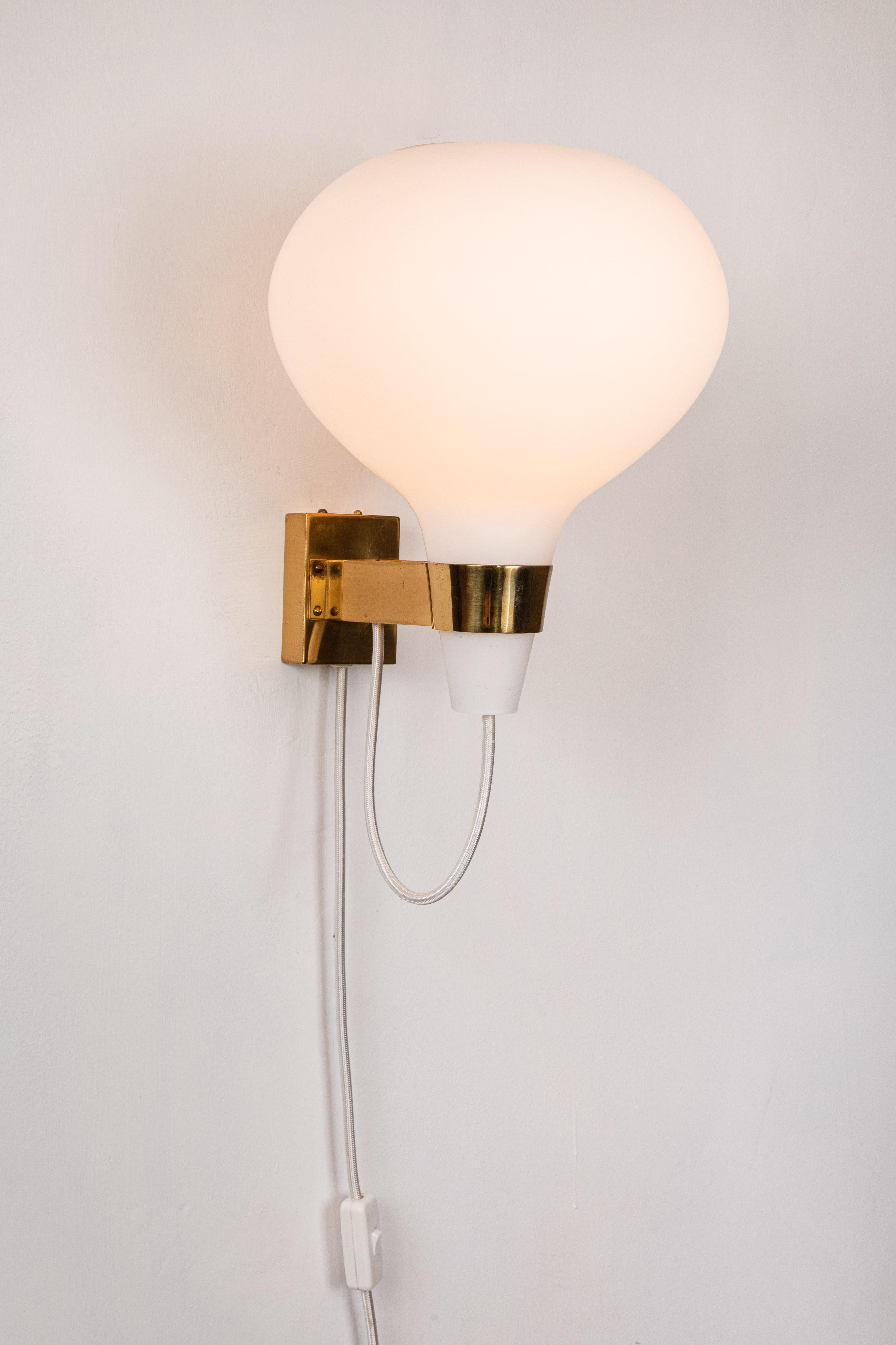 Opaline Glass Large 1950s Lisa Johansson-Pape Bulbo Glass and Brass Wall Lamp for Orno For Sale