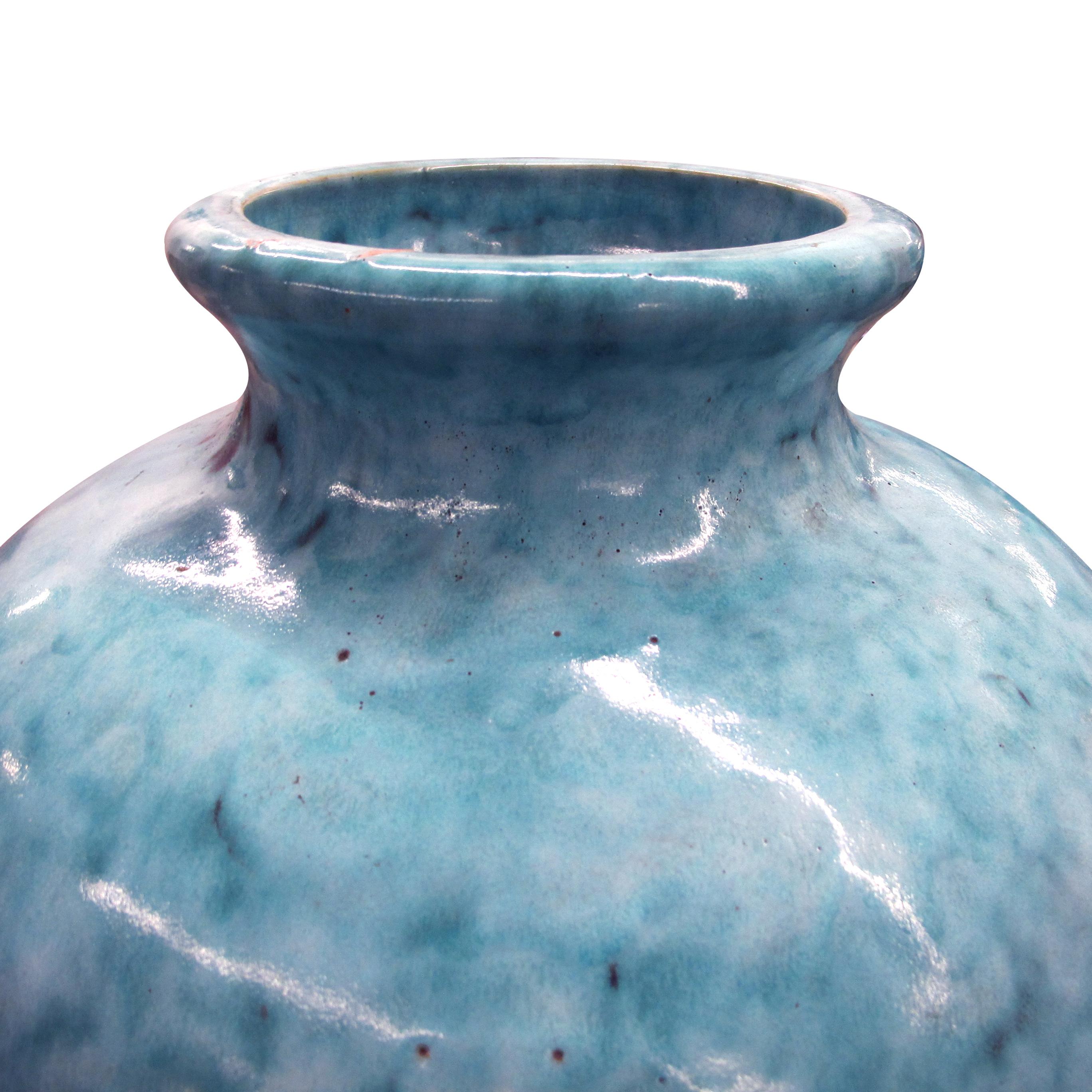 Highly decorative large blue glazed ceramic vase post-world war II typical from the East and West Germany pottery era. The post-war saw an explosion of creativity compensating for the decades of artistic repression. This beautiful ceramic vase