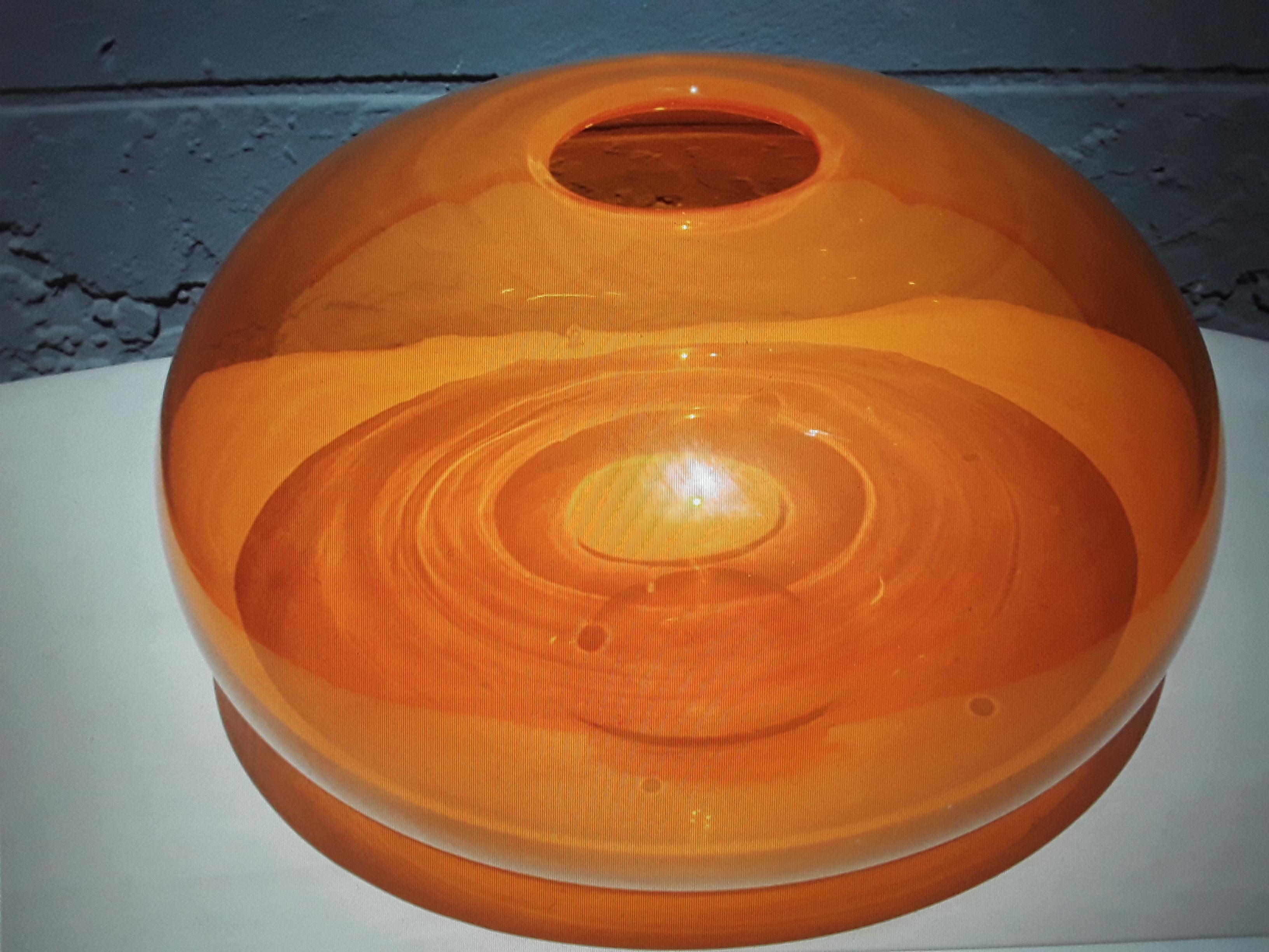 1950's Mid Century Modern Orange Art Glass Large Vase/ Vesset. This piece is signed. Highly decorative.