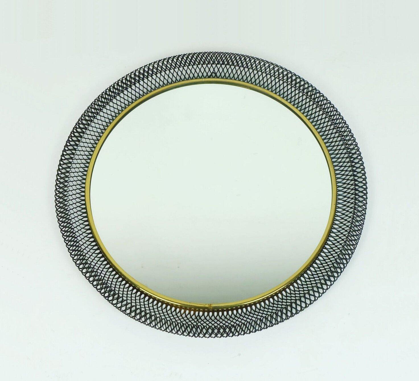 large 1950's mid century modern WALL MIRROR with wire mesh frame and brass For Sale 1