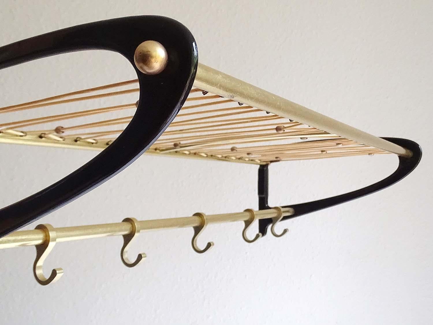 Mid-20th Century Large 1950s Midcentury Wall-Mount  Coat Hanger Hat Rack with Brass Beads  