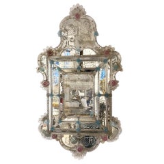 Large 1950s Murano Mirror With Blue and Pink Flowers