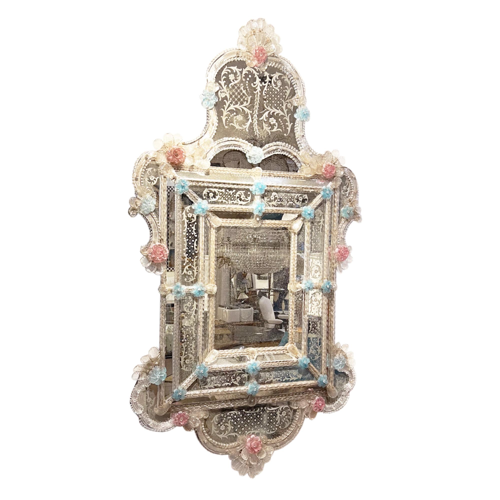 Rococo Large 1950s Murano Mirror With Blue and Pink Flowers For Sale