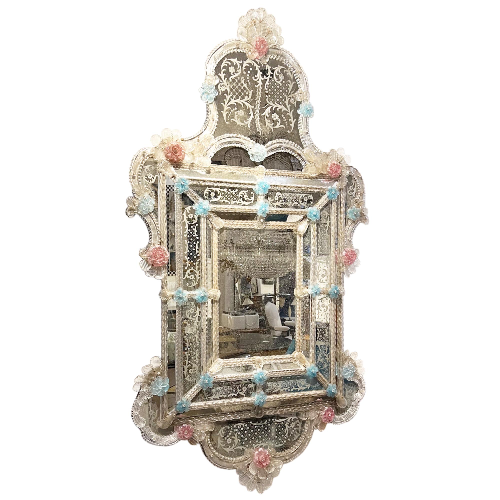 Italian Large 1950s Murano Mirror With Blue and Pink Flowers For Sale