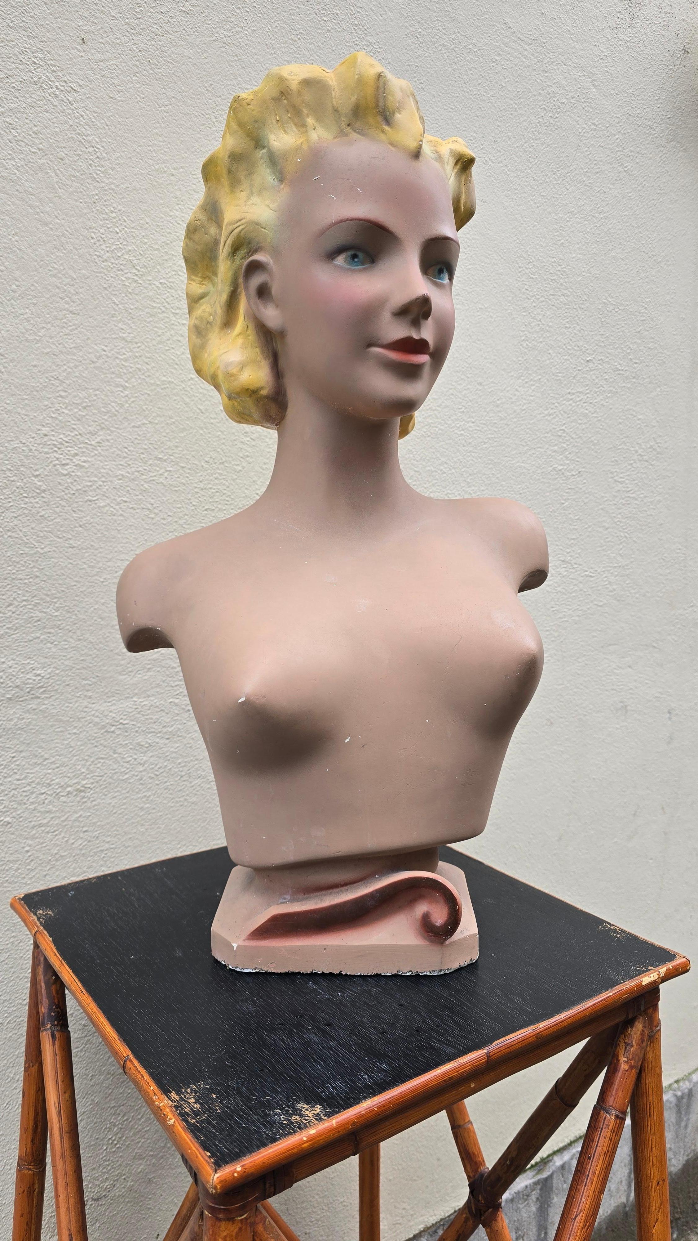Large 1950s Novita Plaster Bust – Art Deco / Hollywood Regency Mannequin Display For Sale 4